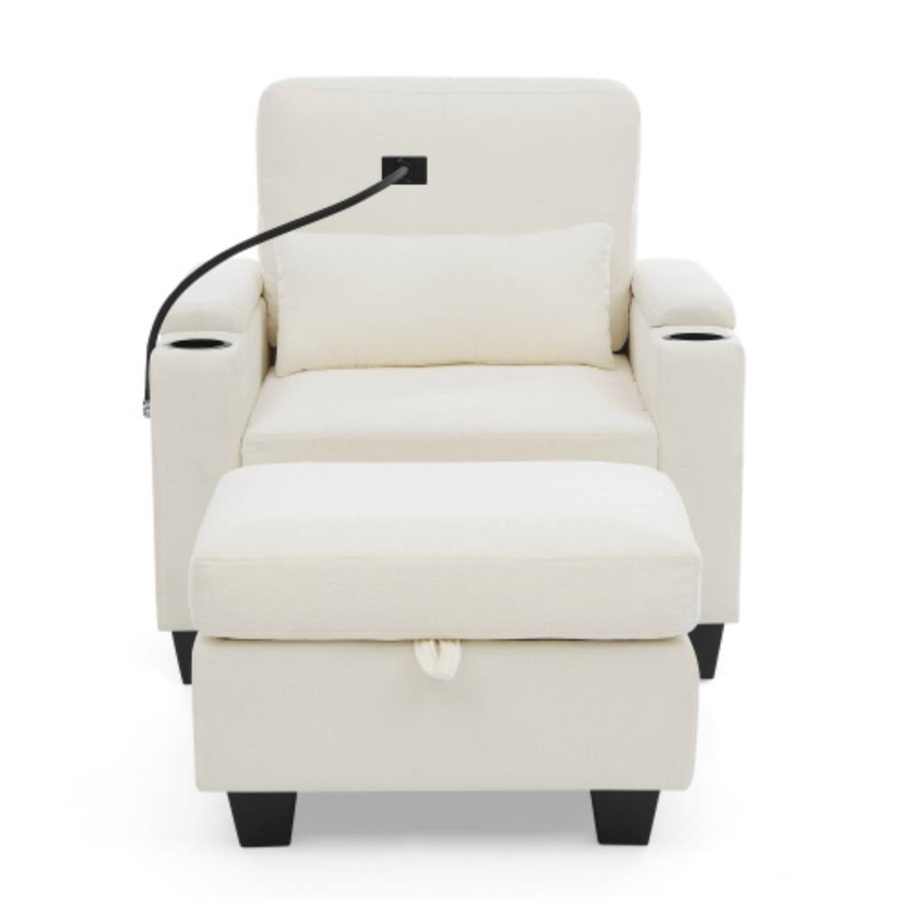 Alt View 7. LUCKY ONE - Single Sofa Recliner w/ Manual Backrest USB Port Cup Holders Hidden Storage Ottoman - Beige.