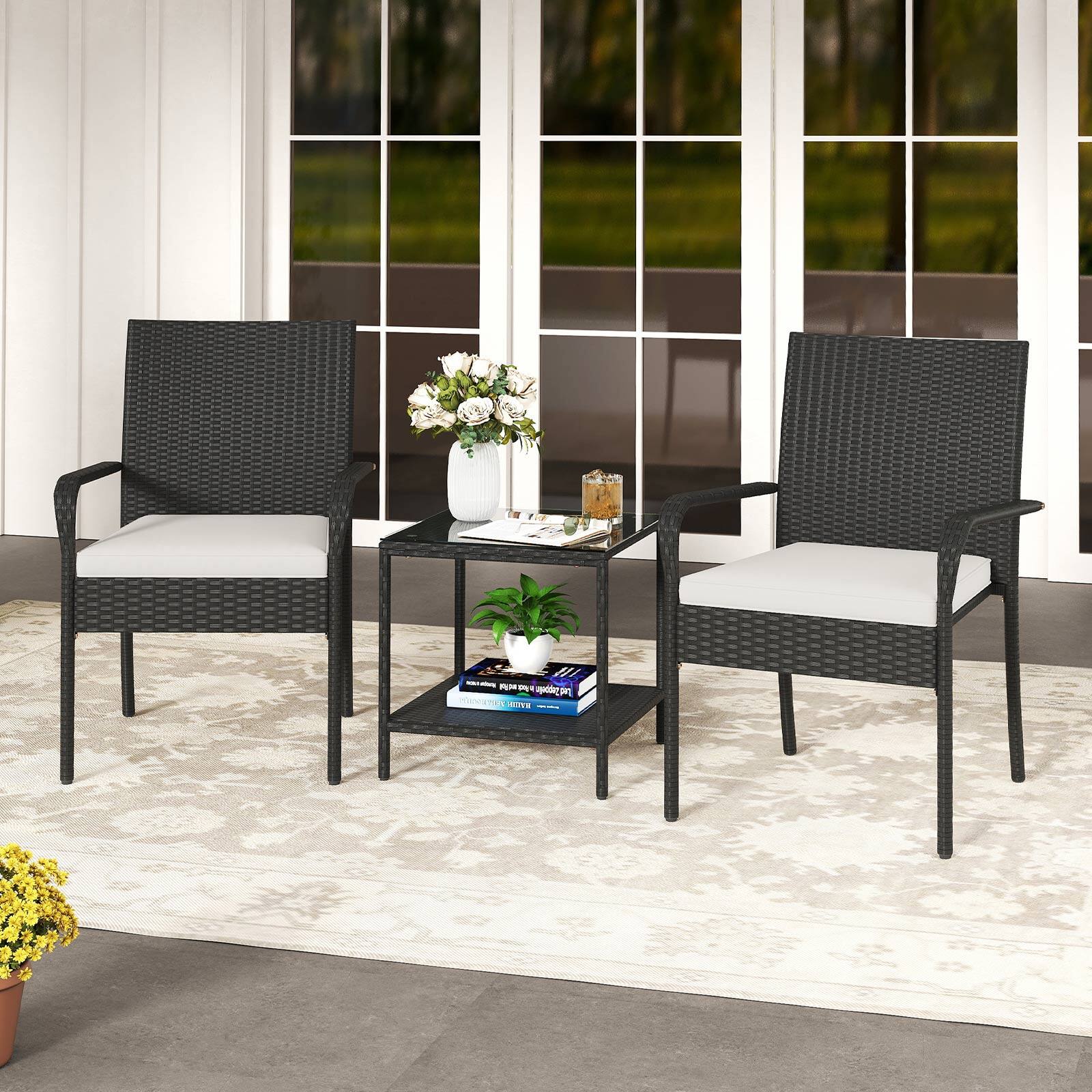 Alt View 3. Gymax - Gymax 3 Piece Patio Furniture Set Outdoor Wicker Chair & Table Set w/ Seat Cushions White - White.