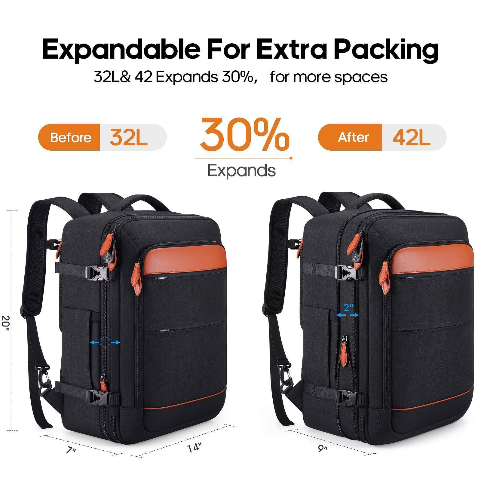 Back. Stamp n Camp - Travel Backpack 42l Flight Approved Carry On  Expandable Laptop With Packing Cubes   Shoe Pocket Water Resistant - Black-brown (Backpack With 4 Packing Cubes).