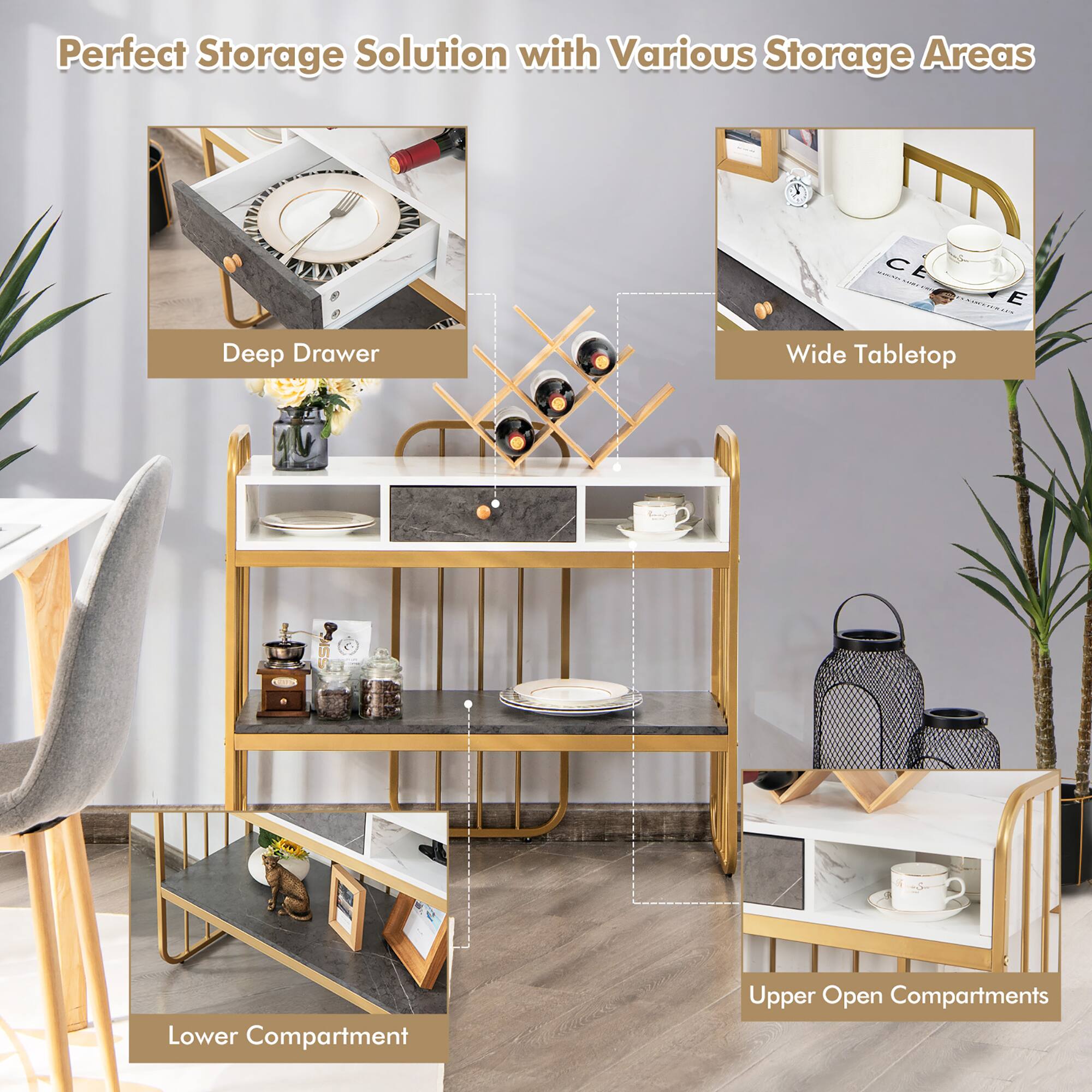 Perfect Storage Solution with Various Storage Areas

- Deep Drawer
- Wide Tabletop
- Lower Compartment
- Upper Open Compartments