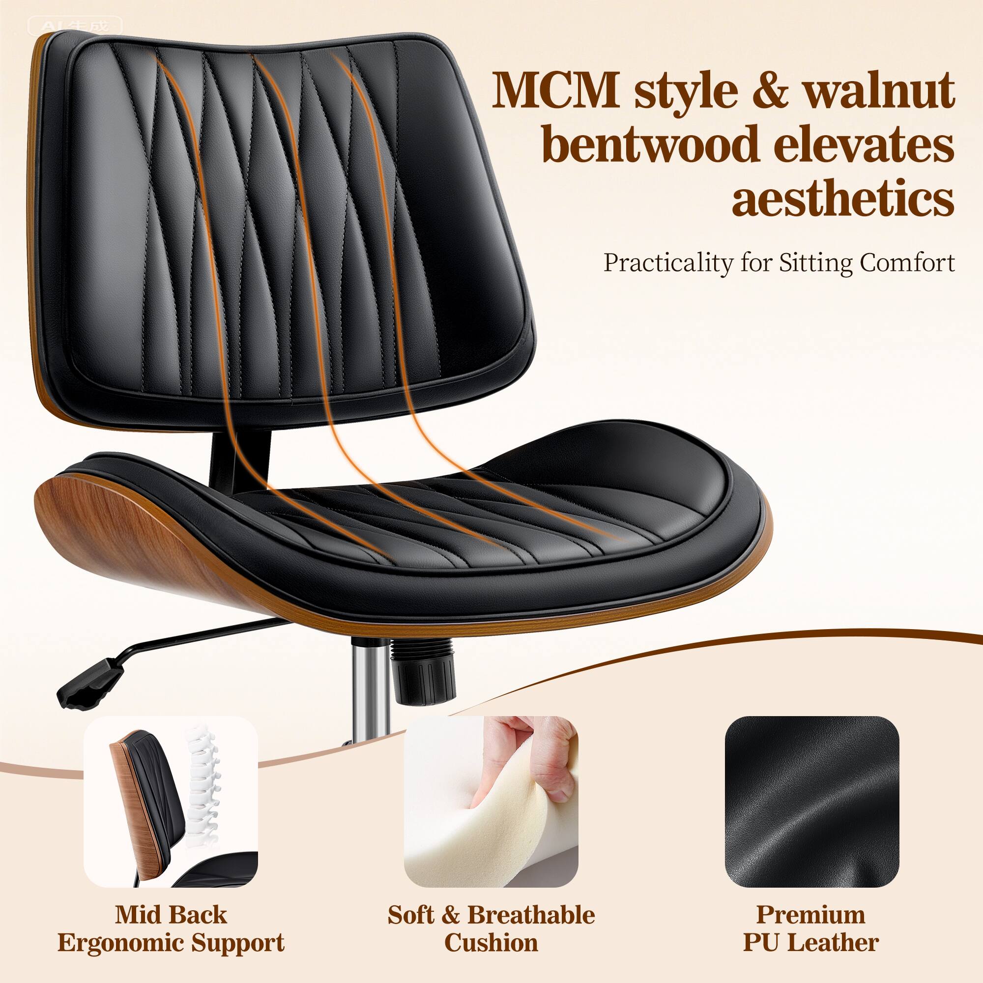 MCM style & walnut bentwood elevates aesthetics  
Practicality for Sitting Comfort  

Mid Back Ergonomic Support  
Soft & Breathable Cushion  
Premium PU Leather