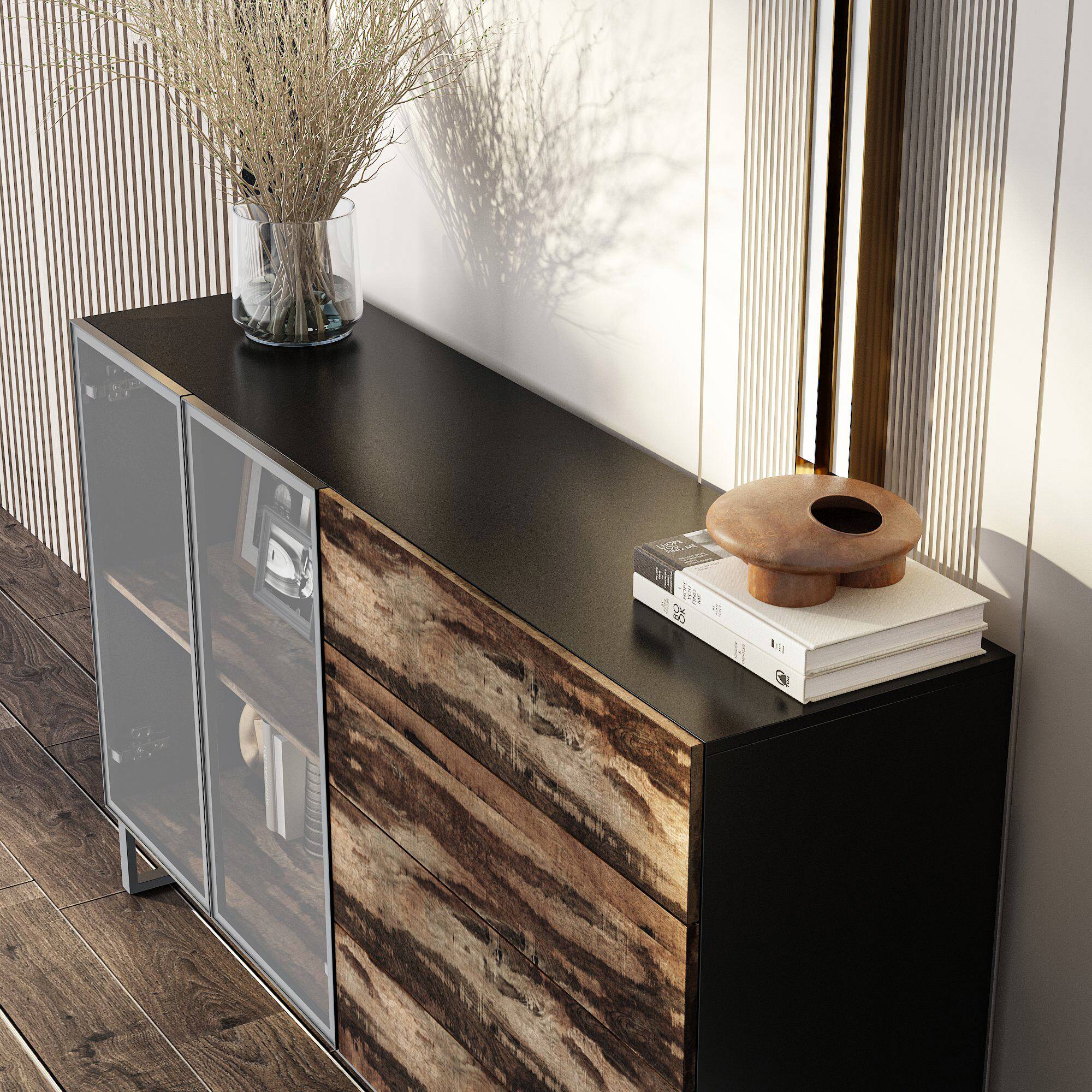 Alt View 4. Famapy - LED Lighted Display Cabinet – Glass & Wood Showcase for Collectibles, Figurines, Books, Home Decor - Black & Brown.