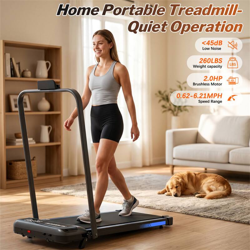Home Portable Treadmill - Quiet Operation  
<45dB Low Noise  
260LBS Weight Capacity  
2.0HP Brushless Motor  
0.62-6.21MPH Speed Range