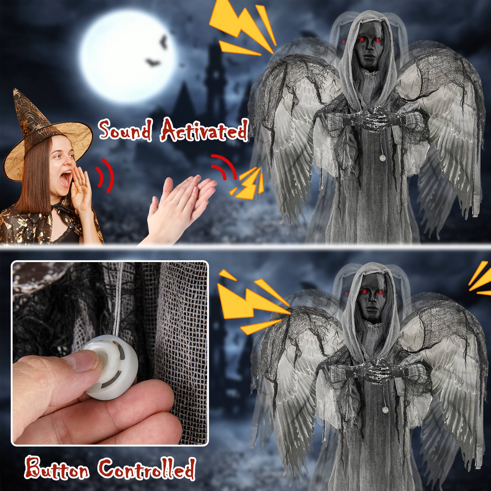 The image features a woman wearing a witch's hat, with a sound-activated button controlled character in the background. The character appears to be a demon or a scary figure, and the woman is clapping her hands, possibly to activate the sound-activated button. The image is divided into two sections, with the woman and the demon character in one section, and the sound-activated button in the other section. The woman's hands are shown in close-up, and the character's face is also visible in the image.