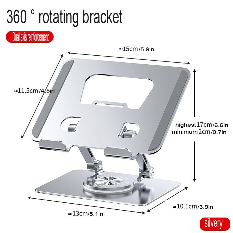 360° rotating bracket  
Dual axis reinforcement  
- 15cm/5.9in  
- 11.5cm/4.5in  
- 13cm/5.1in  
- 10.1cm/3.9in  
- highest 17cm/6.6in  
- minimum 2cm/0.7in  
silvery