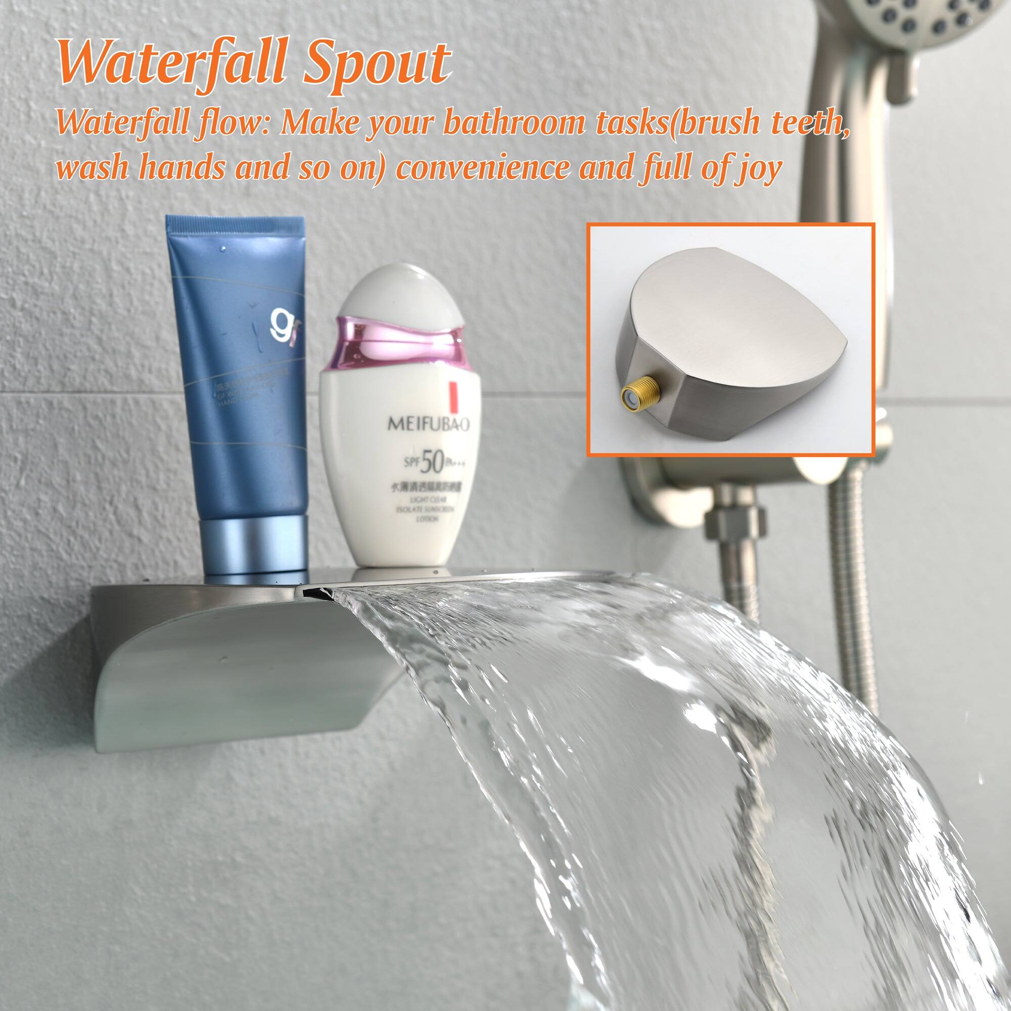 Waterfall Spout  
Waterfall flow: Make your bathroom tasks (brush teeth, wash hands and so on) convenience and full of joy  

MEIFUBAO SPF 50