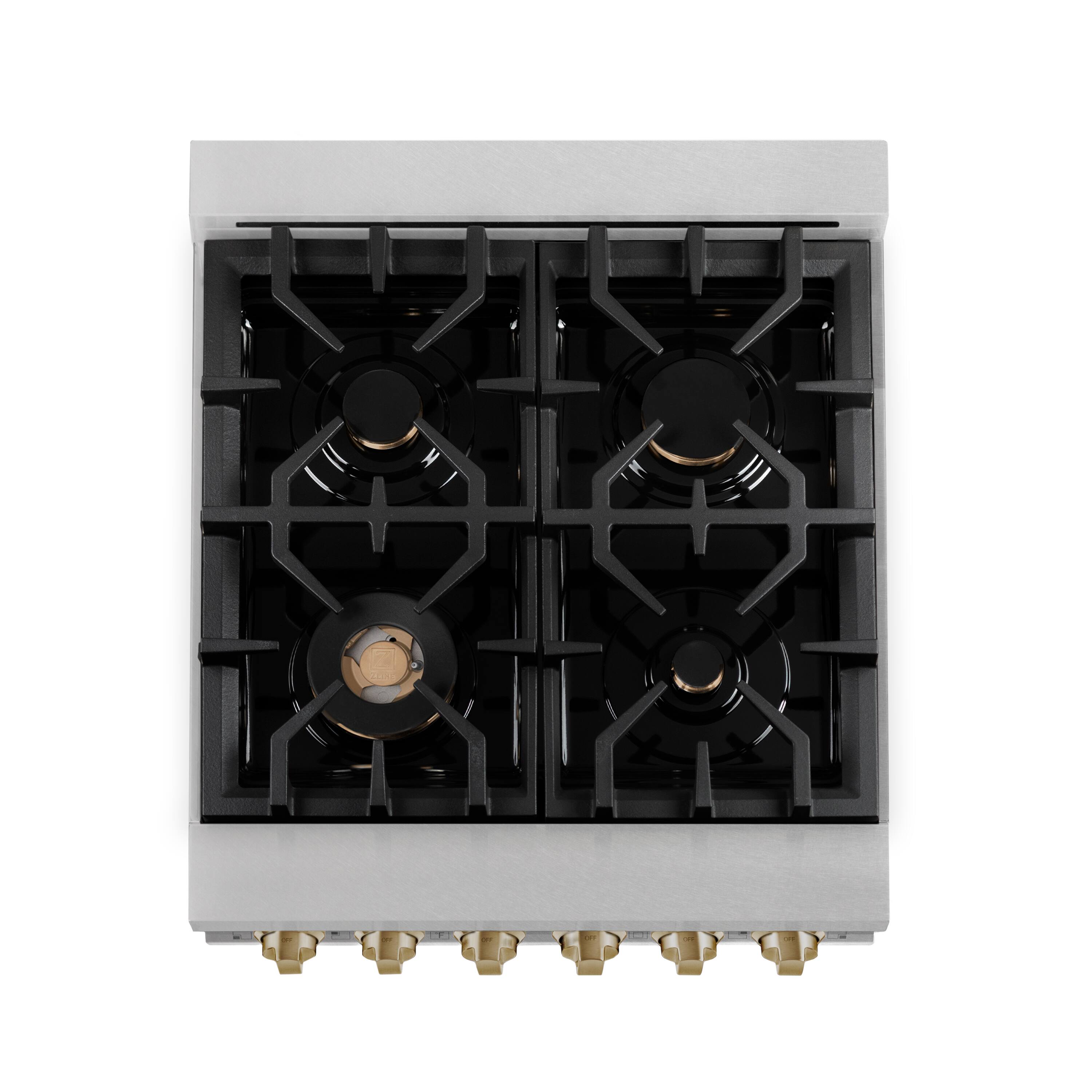 Left. ZLINE - ZLINE Autograph 24 in. Legacy Dual Fuel Range in Satin Steel & Bronze Accens (RASZ-SN-24-CB) - Satin Stainless Steel.