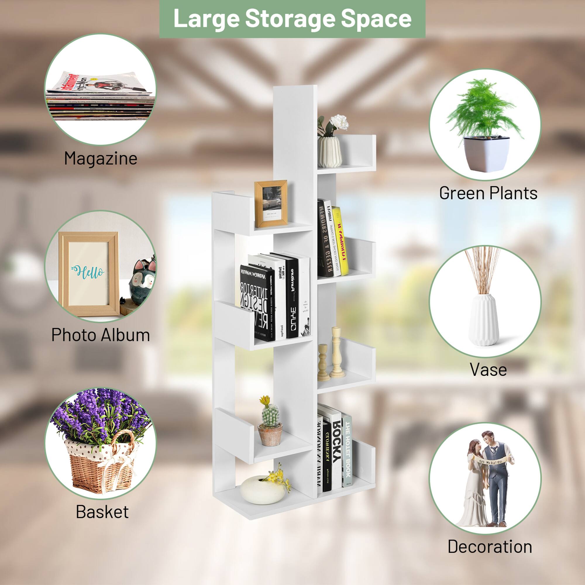 Large Storage Space

Magazine
Photo Album
Green Plants
Vase
Basket
Decoration