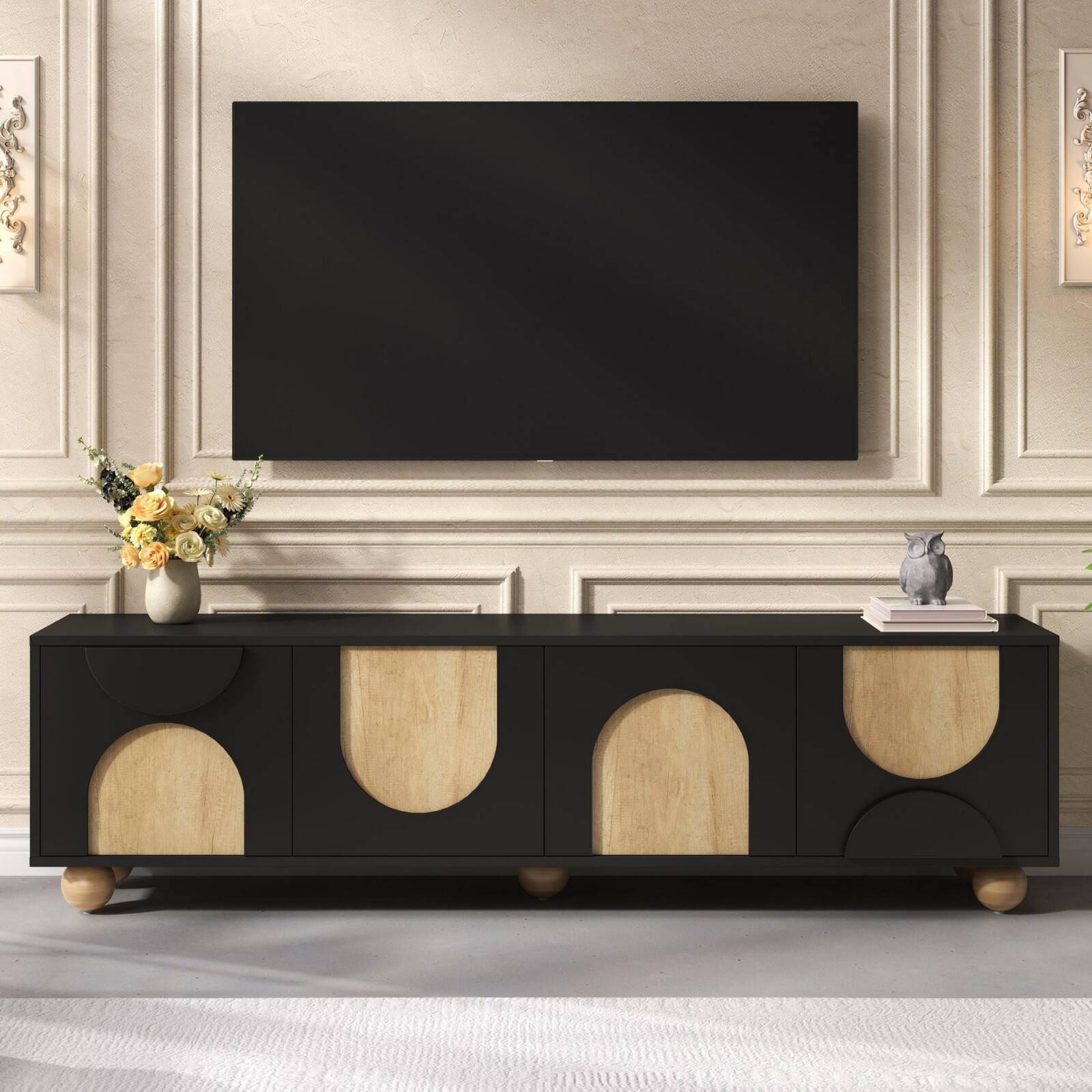 Alt View 7. Ecooso - Farmhouse TV Stand with Cable Holes for TVs up to 75",Rebound Device, 5 Solid Wood Legs for Living Room, Bedroom - Black.