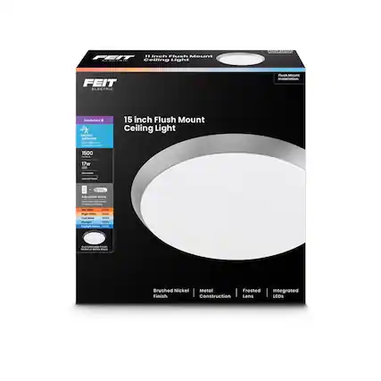 FEIT F7 Inch Flush Mount Ceiling Light
FEIT ELECTRIC Flush Mount Installation
Hardwired
Motion Activated
15 Inch Flush Mount Ceiling Light
1500 Lumens
17w LED
Brushed Nickel Metal
Frosted Integrated Finish
Construction Lens LEDs