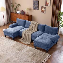 Winado - 110" Sectional Couches Chenille Upholstery U-Shape 4 Seat Sofa Set with Double Chaises & Wood Grain Legs for Living Room - Blue