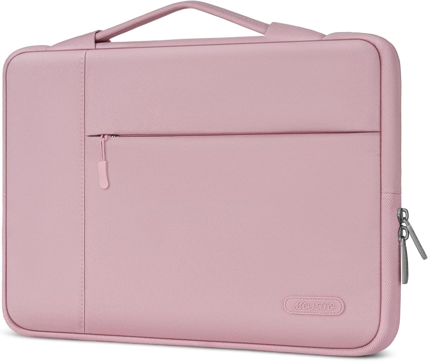 mosiso - 13.3-inch Slim Laptop Sleeve with Handle, Shock-Resistant Bubble Foam, Two Exterior Pockets - Pink