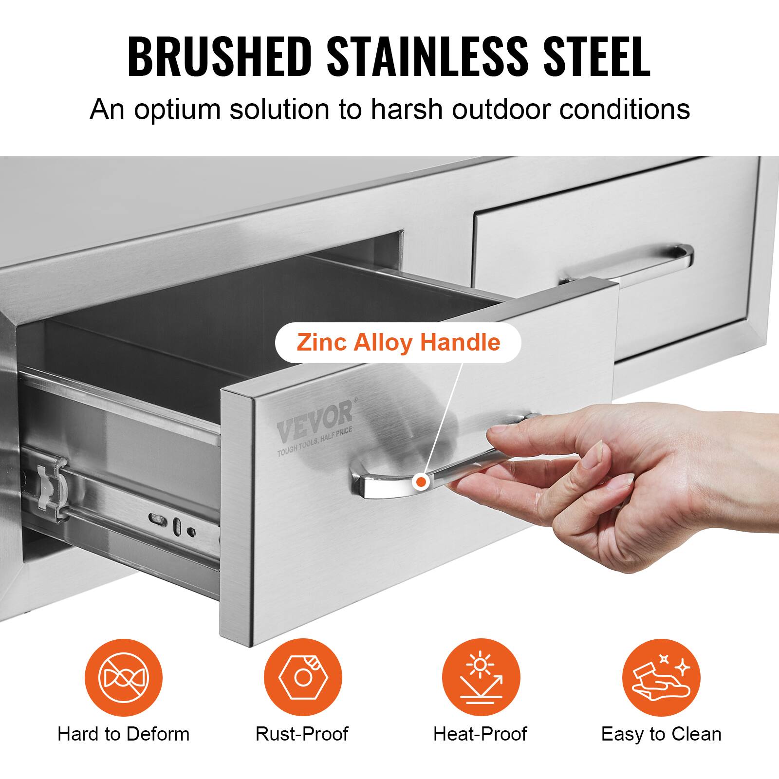 BRUSHED STAINLESS STEEL  
An optimum solution to harsh outdoor conditions  

Zinc Alloy Handle  

Hard to Deform  
Rust-Proof  
Heat-Proof  
Easy to Clean