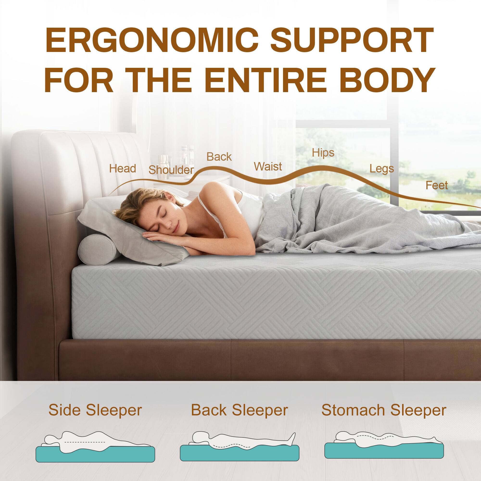ERGONOMIC SUPPORT FOR THE ENTIRE BODY

Back
Head
Shoulder
Waist
Hips
Legs
Feet

Side Sleeper
Back Sleeper
Stomach Sleeper