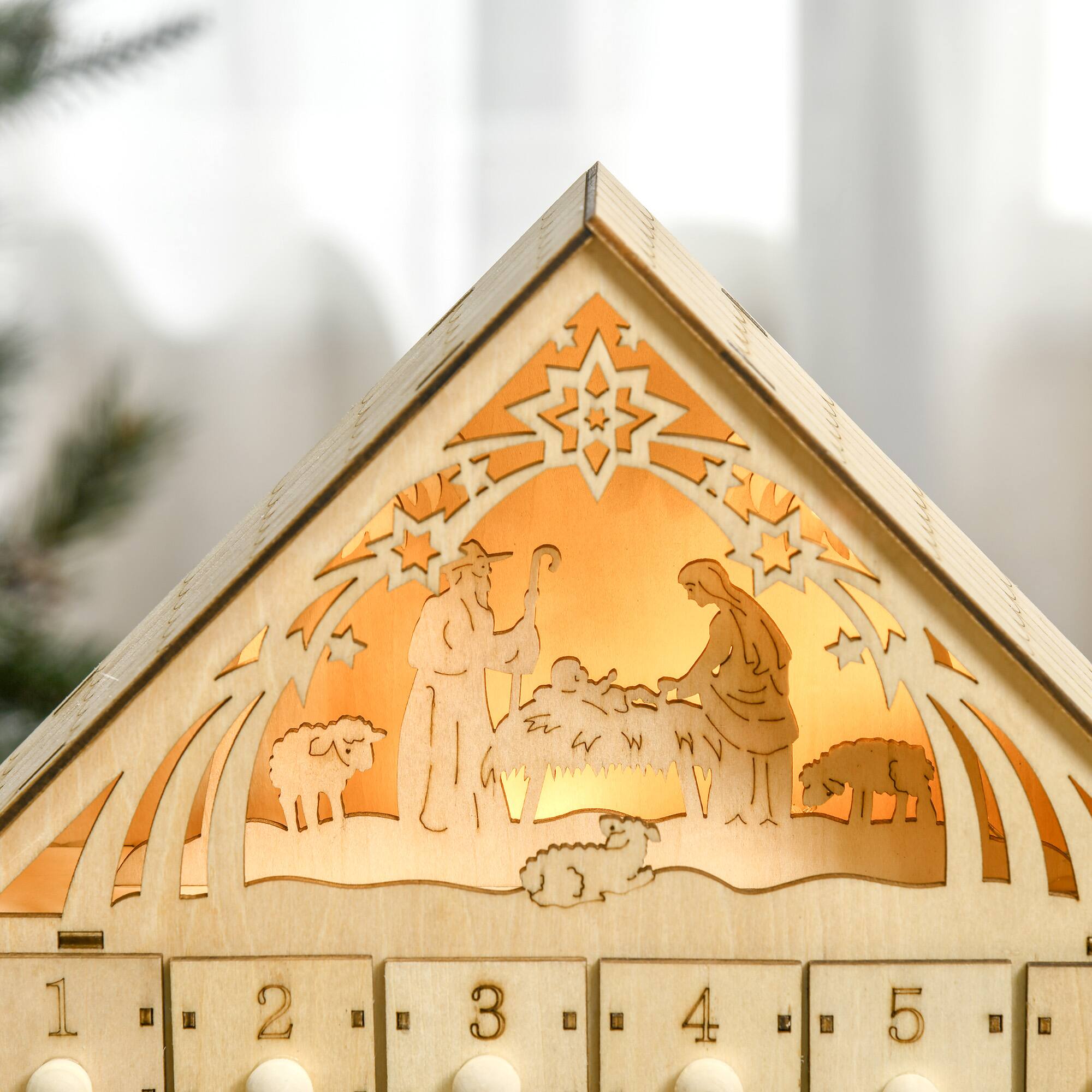 Alt View 7. Homcom - Christmas Advent Calendar, Light Up Manger Scene Tabletop Xmas Wooden House Holiday Decoration with Countdown Drawer - Brown.