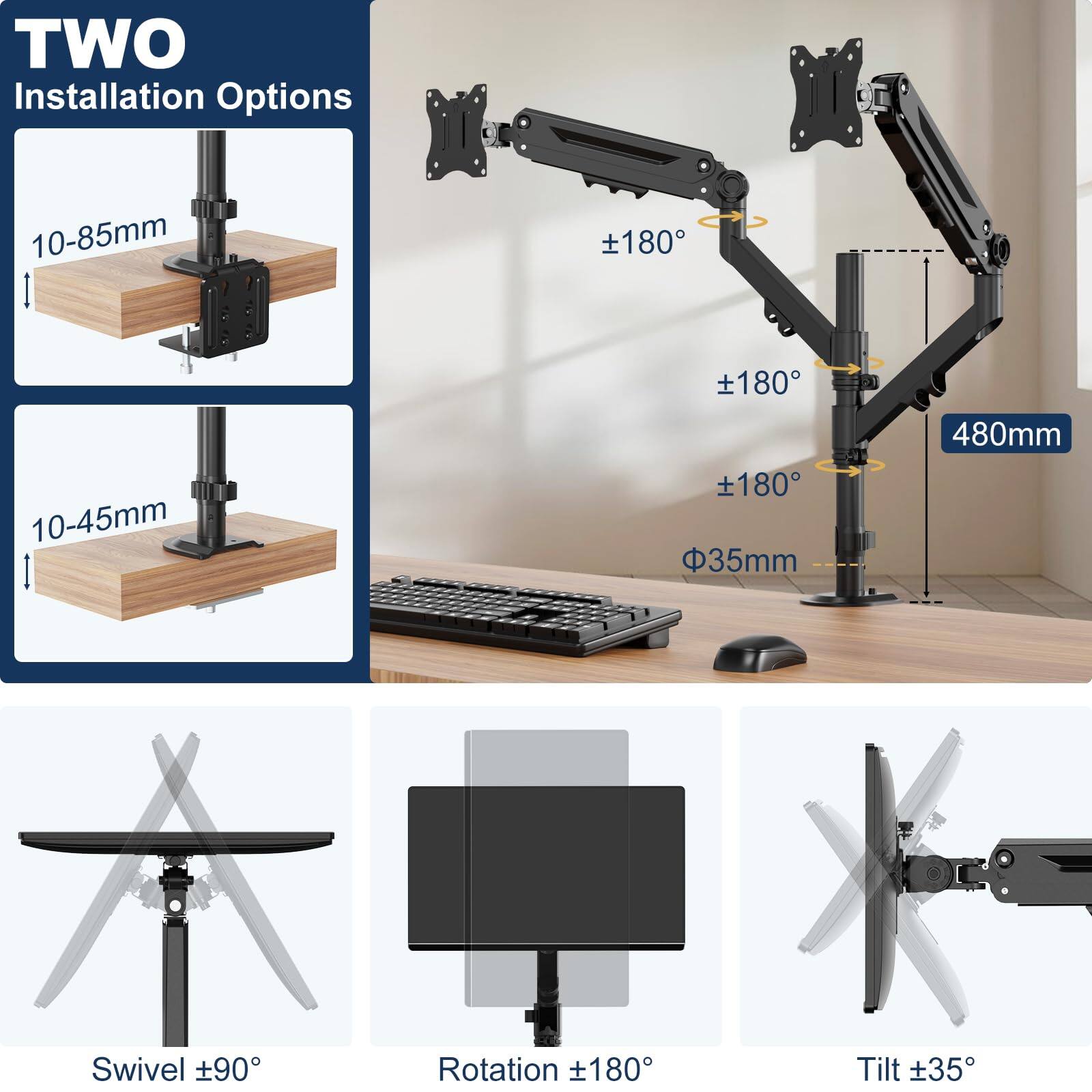 TWO Installation Options

10-85mm  
10-45mm

±180°  
±180°  
±180°

480mm  
Φ35mm

Swivel ±90°  
Rotation ±180°  
Tilt ±35°
