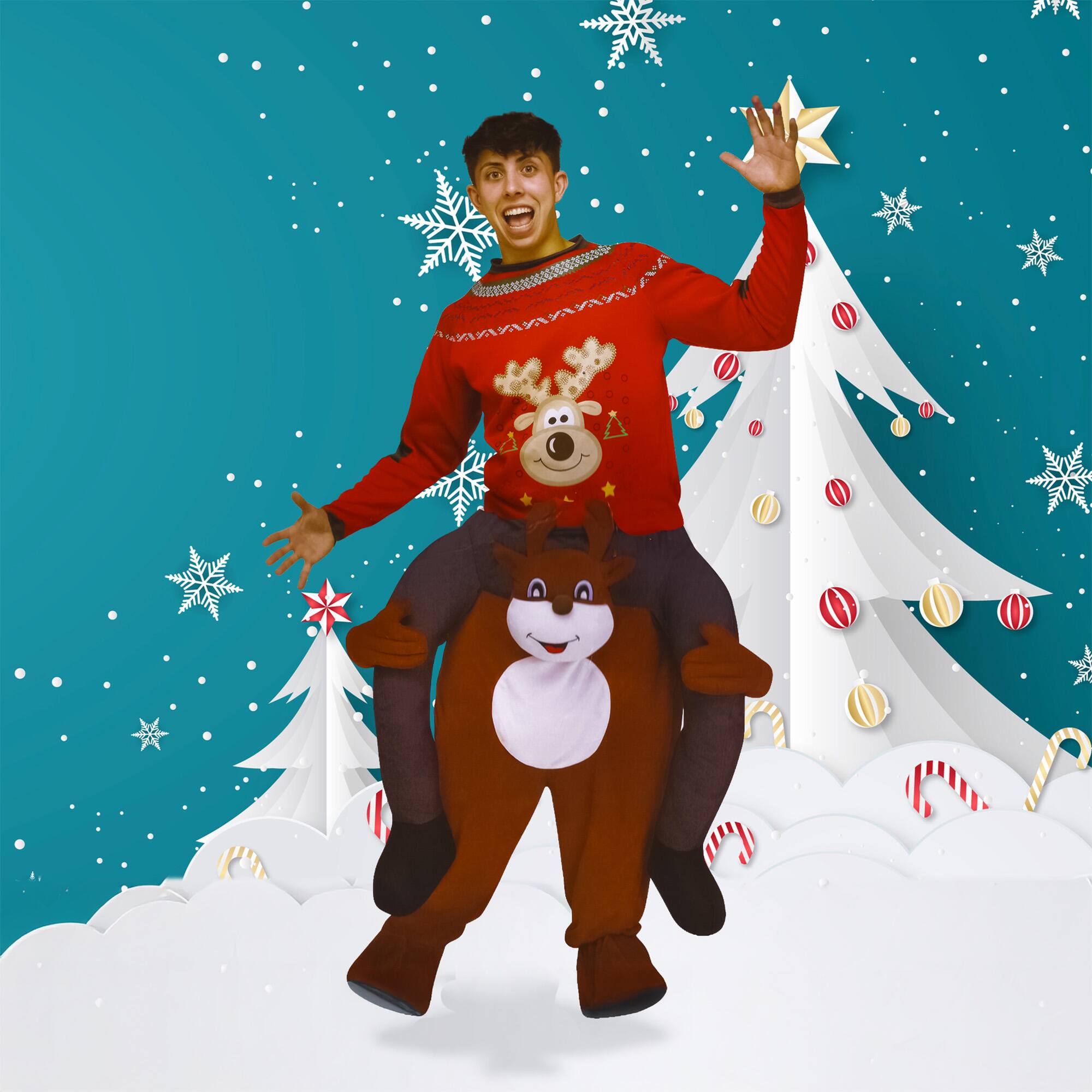 Front. Fun World - Brown and Red Carry Me Festive Reindeer Adult Costume - One Size - Brown.