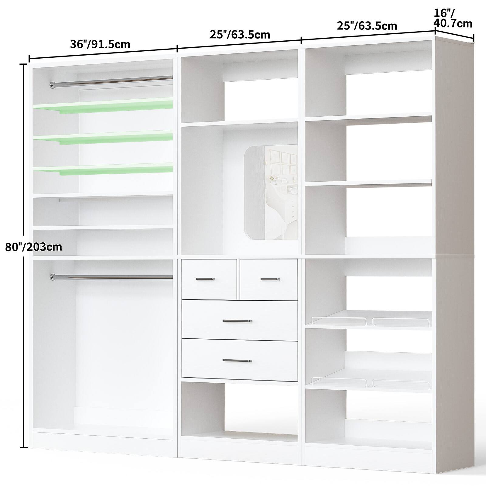 36"/91.5cm  
25"/63.5cm  
25"/63.5cm  
16"/40.7cm  
80"/203cm