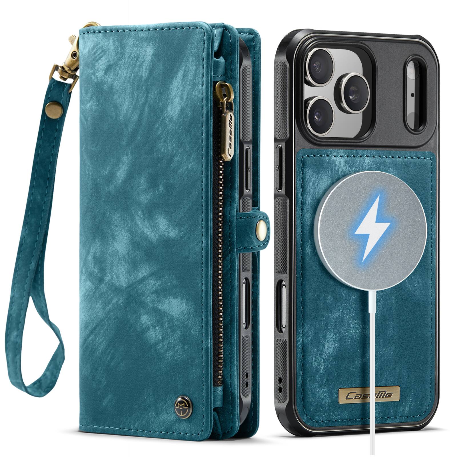 Angle. UUCOVER - Detachable Magnetic Zipper Wallet Case for Apple iPhone 18 Pro Max with RFID Card Slots and Wrist Strap, Flip Kickstand - Green.