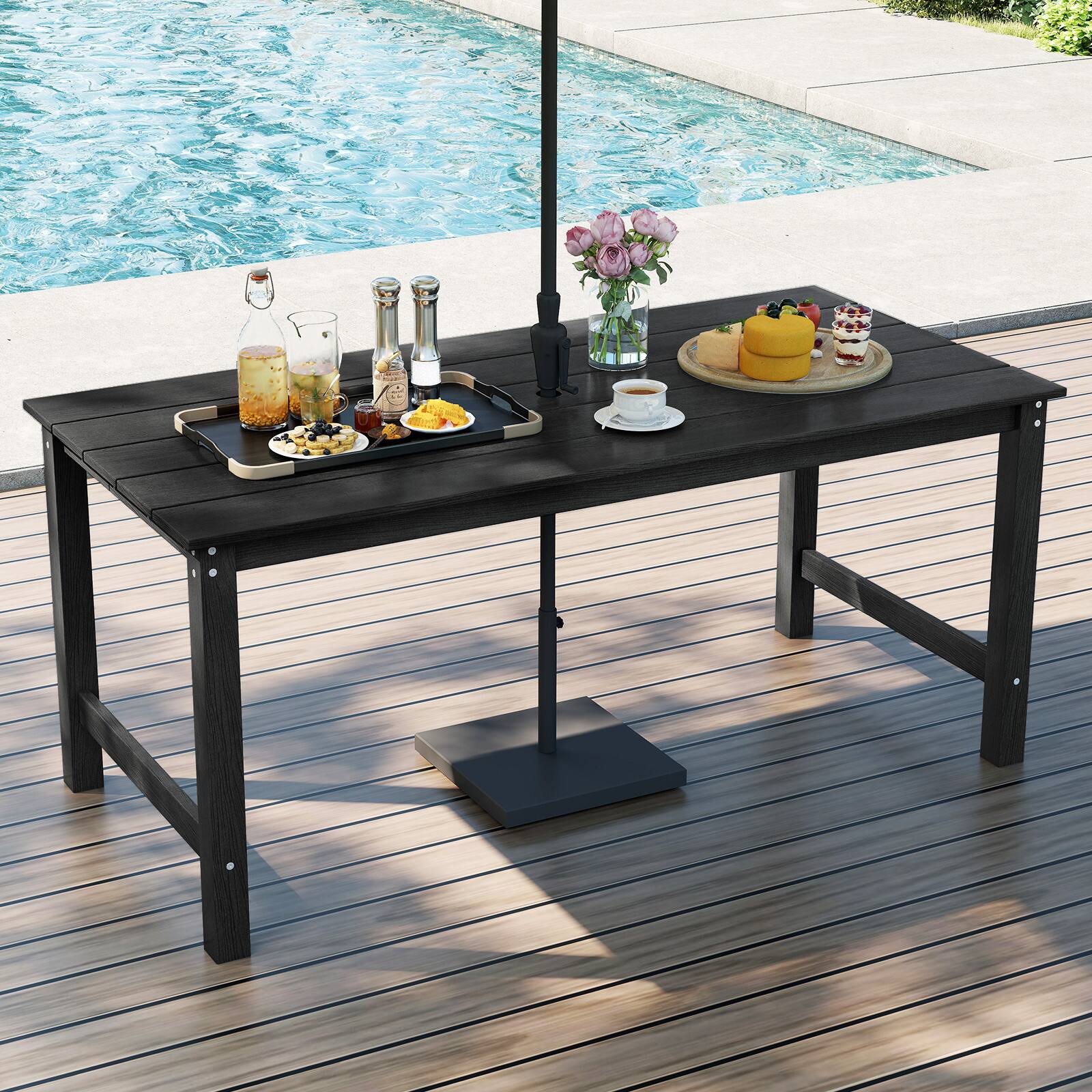 Alt View 1. Gymax - Gymax HDPE Outdoor Dining Table for 6 Person 67'' Patio Table w/ Wood-Like Tabletop Black - Black.
