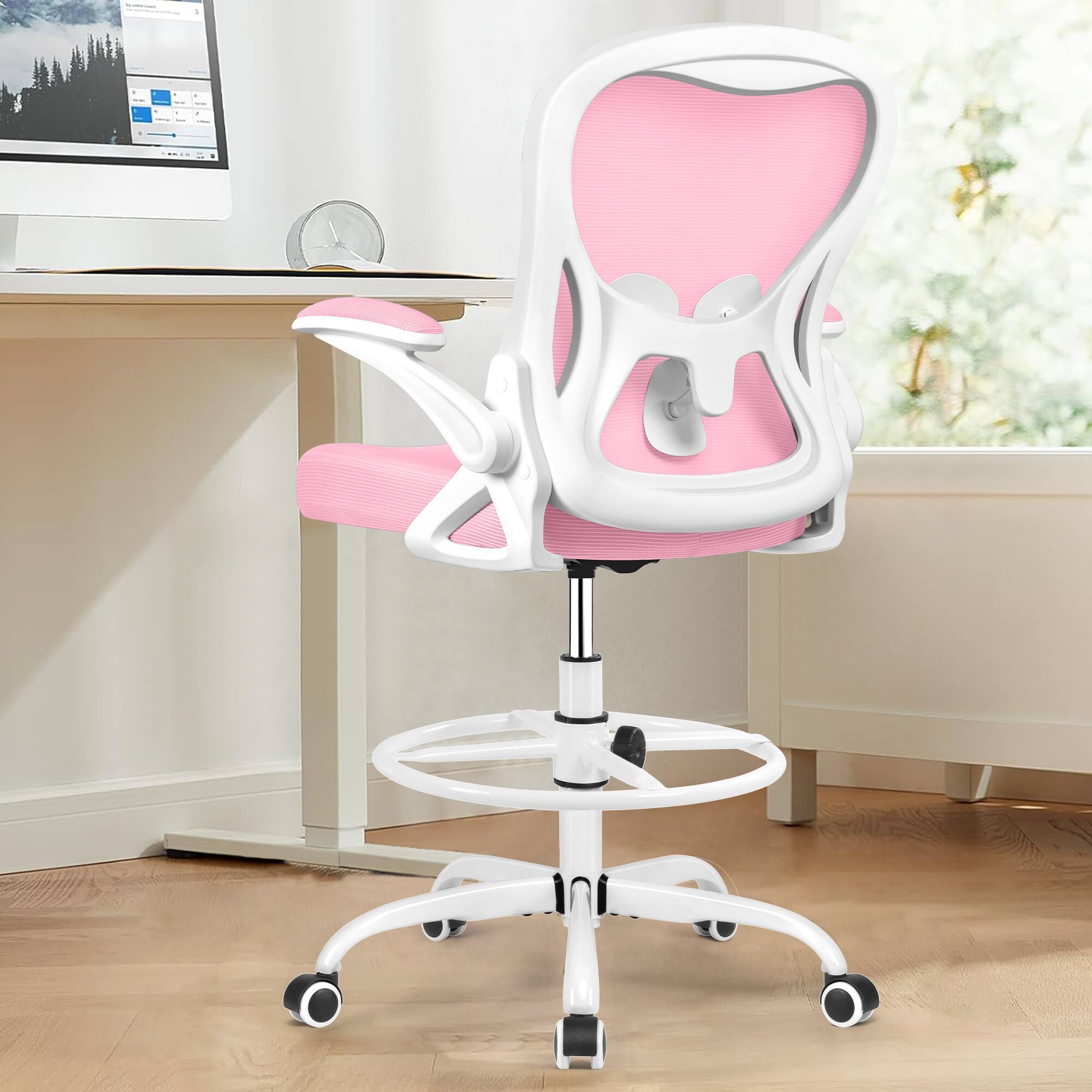 Alt View 6. Brick Attic - Drafting Chair, Tall Office Chair Ergonomic Desk Chair, Task Rolling Chair with Adjustable Flip-up Armrests Foot Ring - Pink.