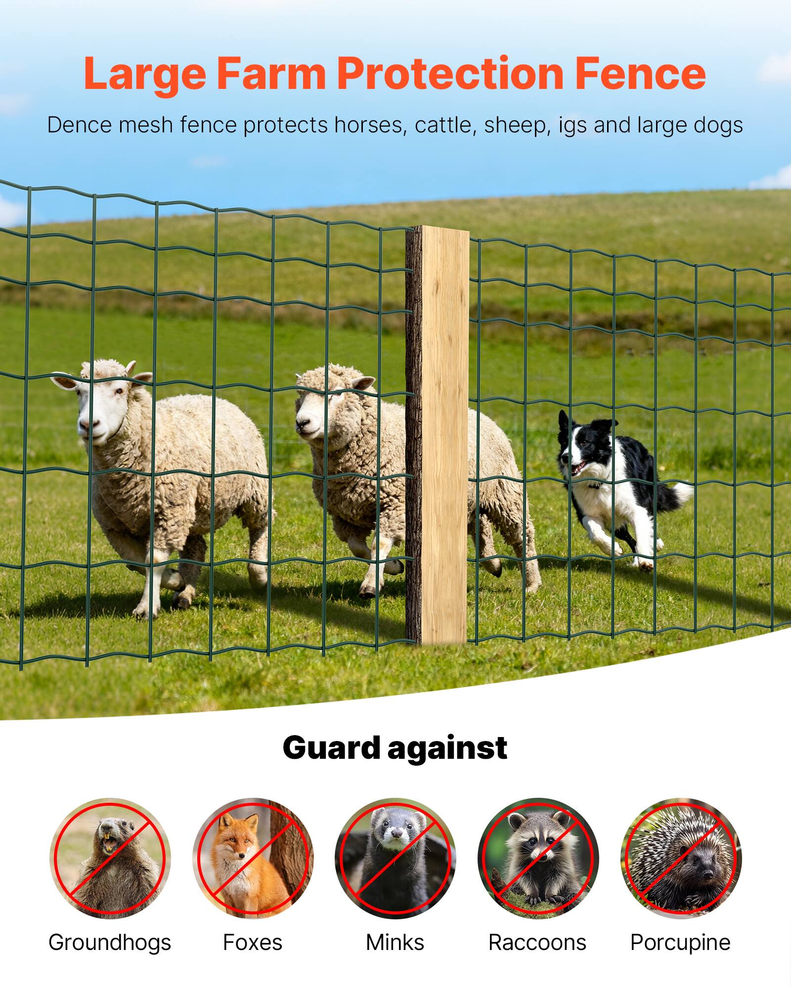 Large Farm Protection Fence  
Dense mesh fence protects horses, cattle, sheep, pigs and large dogs  

Guard against  
Groundhogs  
Foxes  
Minks  
Raccoons  
Porcupine
