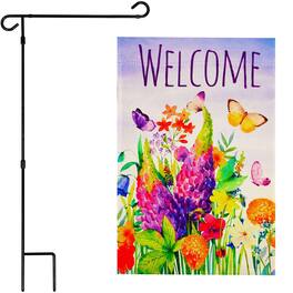 G128 - Garden Flag Stand with 12x18 Double-Sided Blockout Flag Spring Floral Butterfly Welcome 36x16 in - Multicolor
