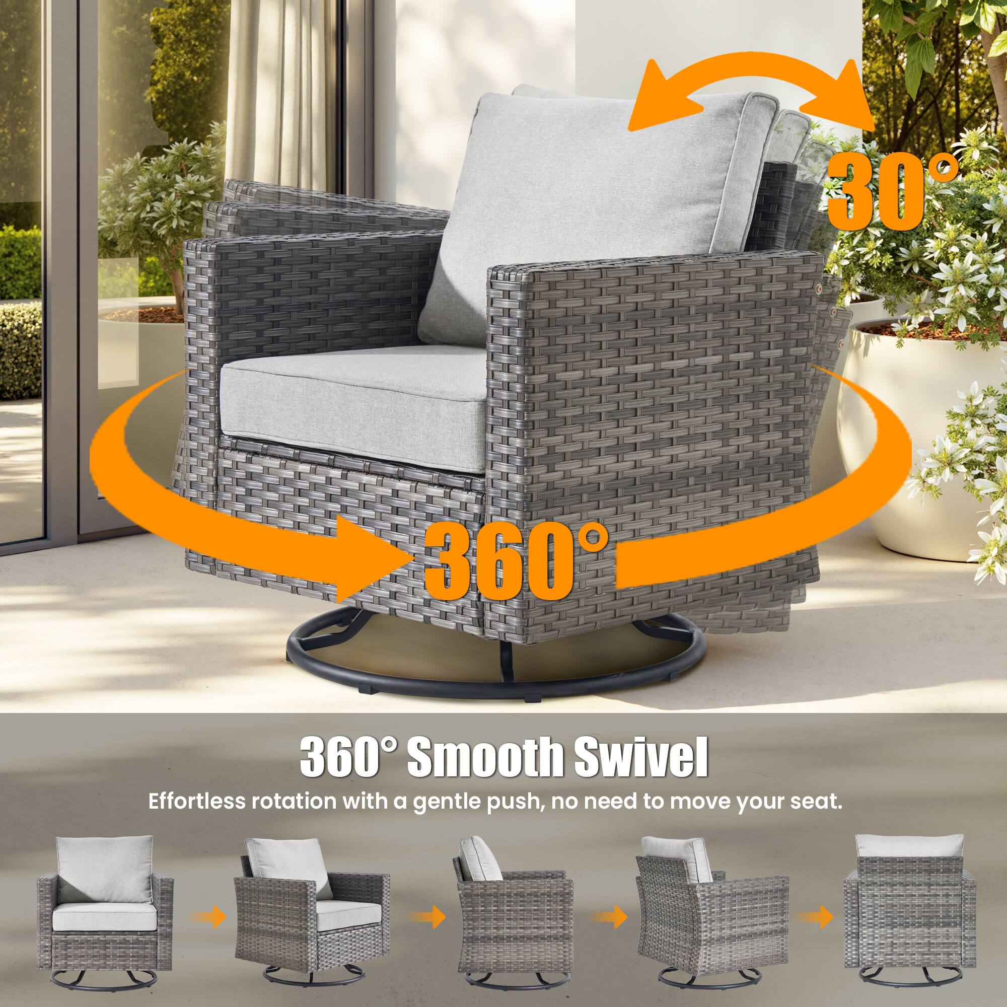 360° Smooth Swivel  
Effortless rotation with a gentle push, no need to move your seat.