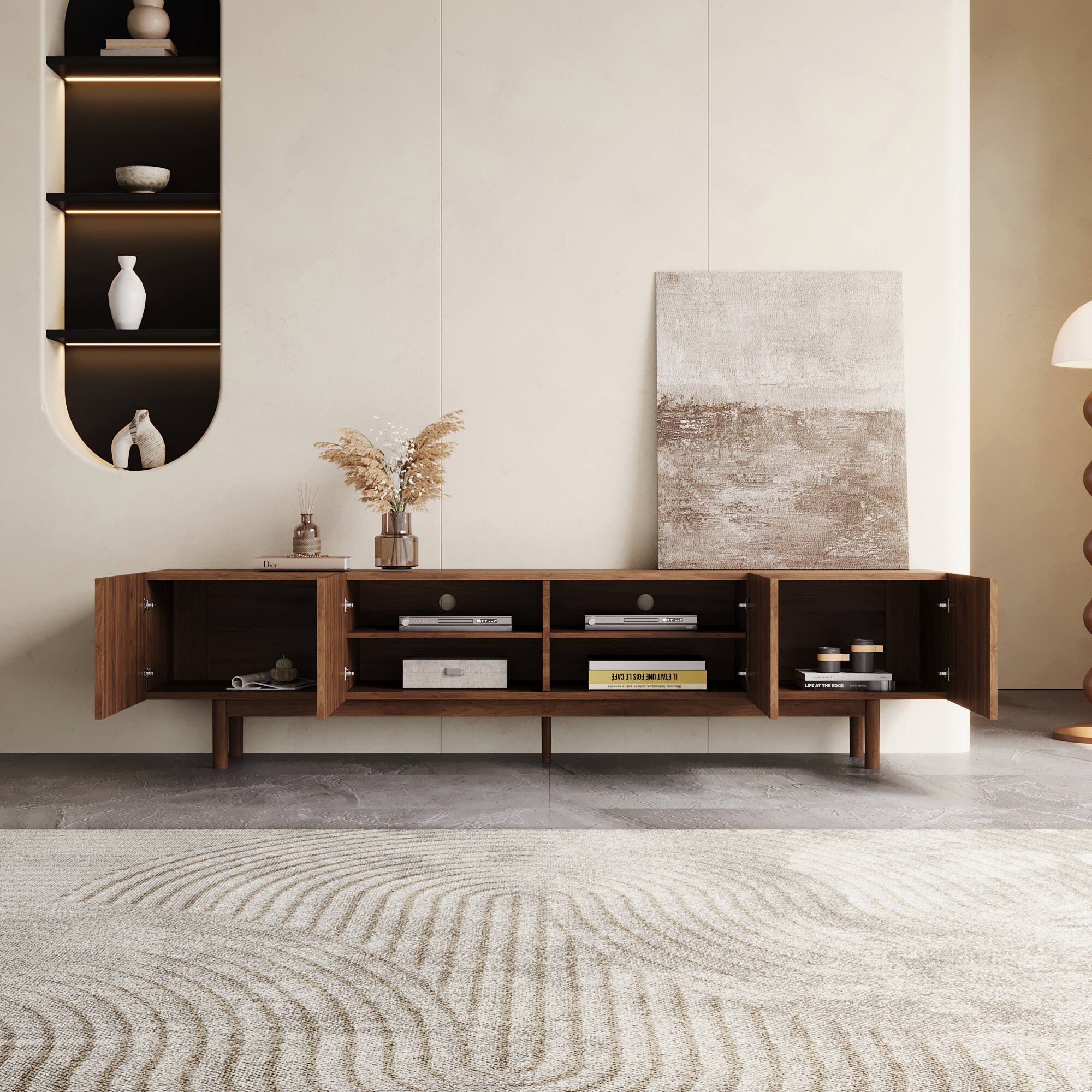 Back. luck idea - 86.61" TV Stand and Media Console, Modern Entertainment Center with Ample Storage - Walnut Color.