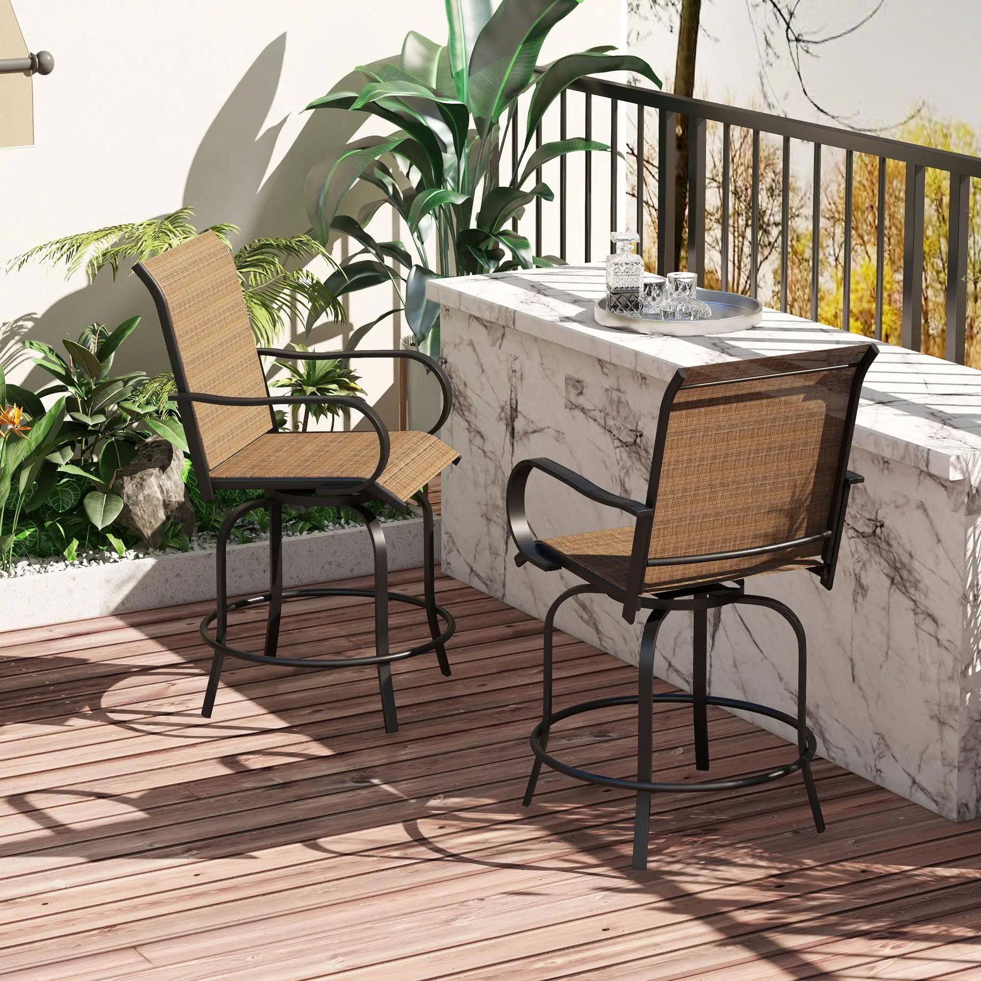 Left. Resenkos - Resenkos Outdoor Bar Stools Set, 360° Swivel Bar Height Chairs, Steel, Mesh Fabric, Brown - Brown.