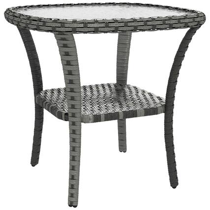 Front. Outsunny - Rattan Coffee Table with Storage Shelf, Wicker Side Table with Glass Top, Outdoor End Table for Garden, Porch, Backyard - Mixed-Gray.