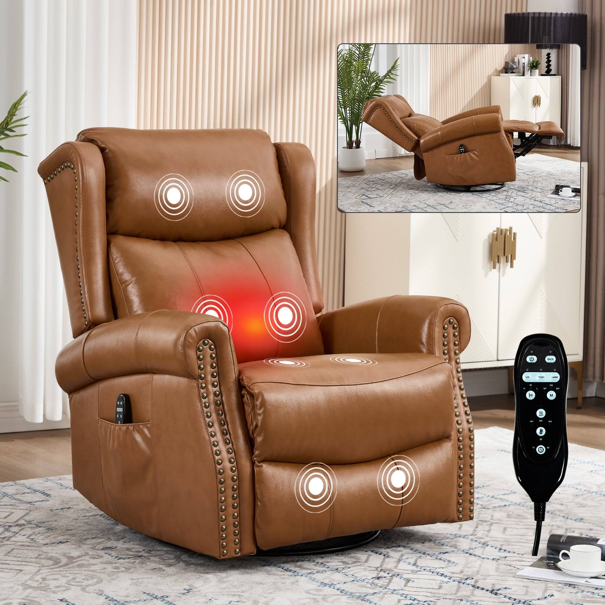 Alt View 1. Boyel Living - Light Yellow Genuine leather Heat Massage Manual Recliner Chair with Rocker and Swivel for Living Room - Light Yellow.