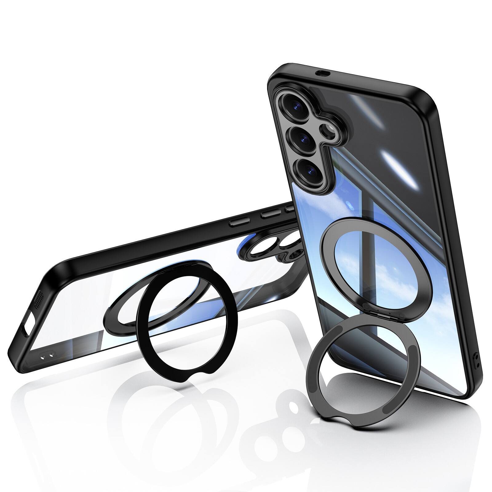 Back. Dteck - Magnetic Clear Case For Samsung Galaxy S26, Shockproof Anti-Scratch 360° Ring Holder Stand PC+TPU Protection Cover - Black.