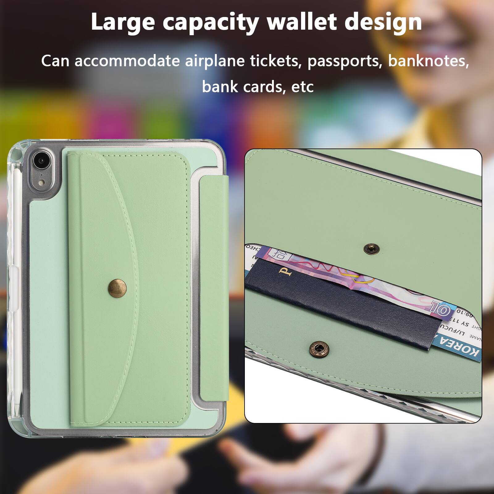 Large capacity wallet design  
Can accommodate airplane tickets, passports, banknotes, bank cards, etc