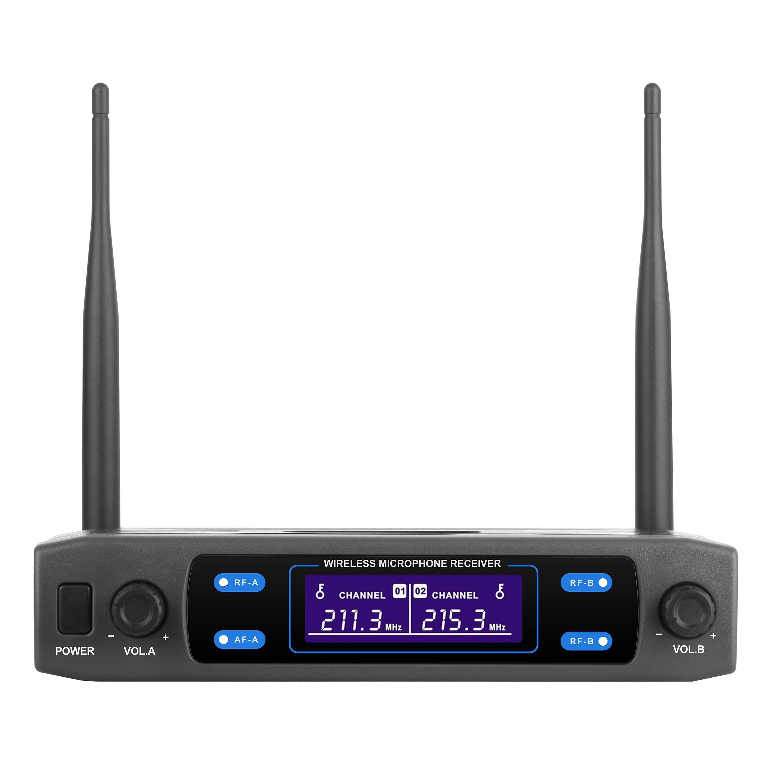 WIRELESS MICROPHONE RECEIVER

POWER VOL.A RF-A AF-A
01 02 CHANNEL CHANNEL
211.3 MHz 215.3 MHz
RF-B RF-B VOL.B