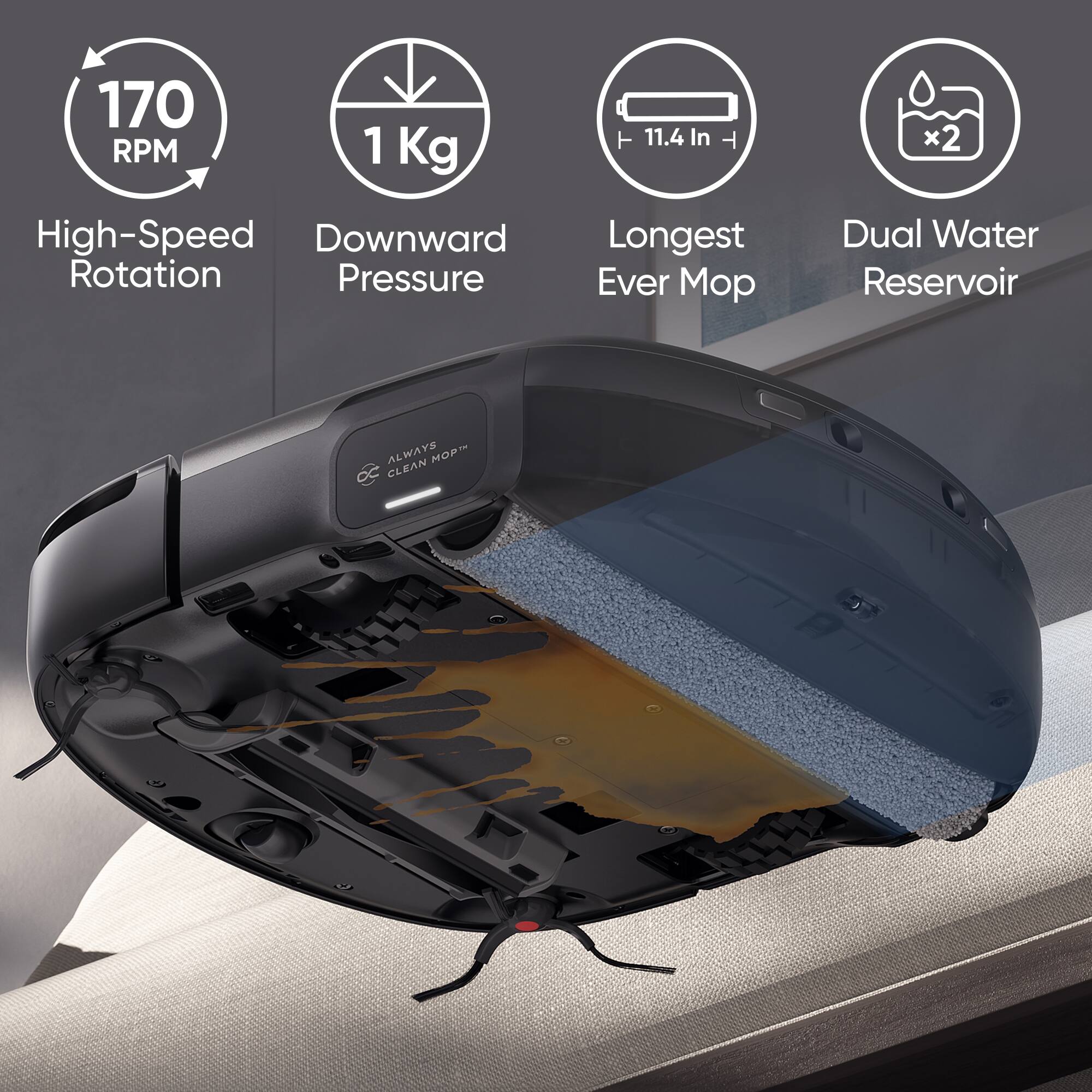 The image features a product with the following features: 170 RPM, 1 Kg high-speed downward rotation, pressure T 11.4 In T, longest ever o x2 Dual Water Reservoir, and always north clean.