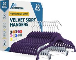 Lifemaster - Velvet Skirt Hangers – Adjustable Clips, Swivel Hook, Non-Slip Notch, Holds 10 lbs, Pack of 20 - Purple