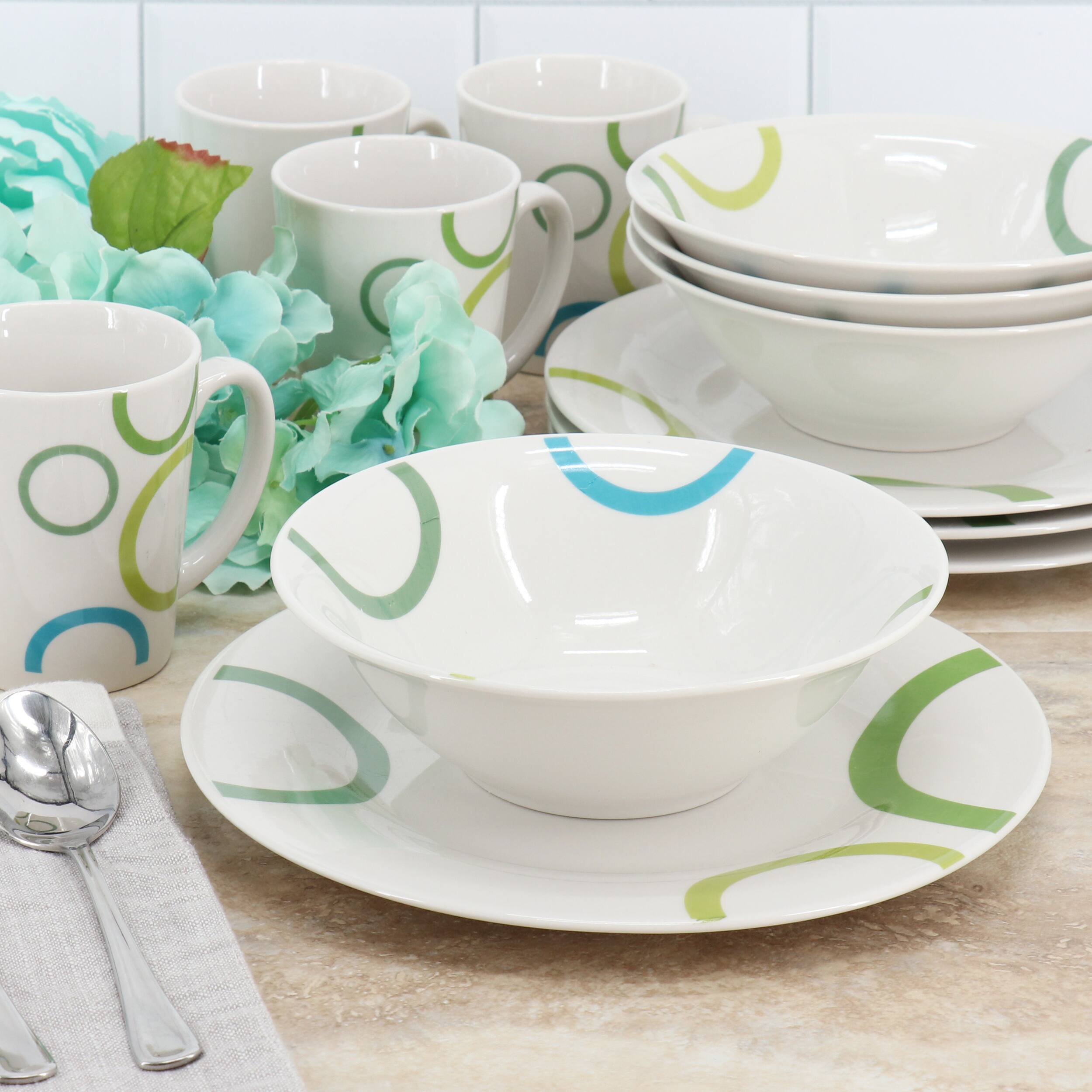 Alt View 4. Gibson - Gibson Home Green Loops 12 Piece Round Fine Ceramic Dinnerware Set in White - White.