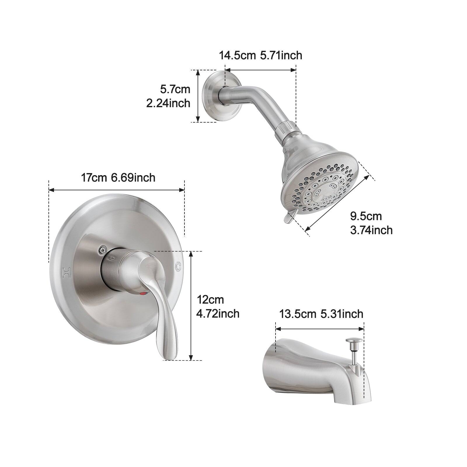 14.5cm 5.71inch  
5.7cm 2.24inch  
17cm 6.69inch  
9.5cm 3.74inch  
12cm 4.72inch  
13.5cm 5.31inch