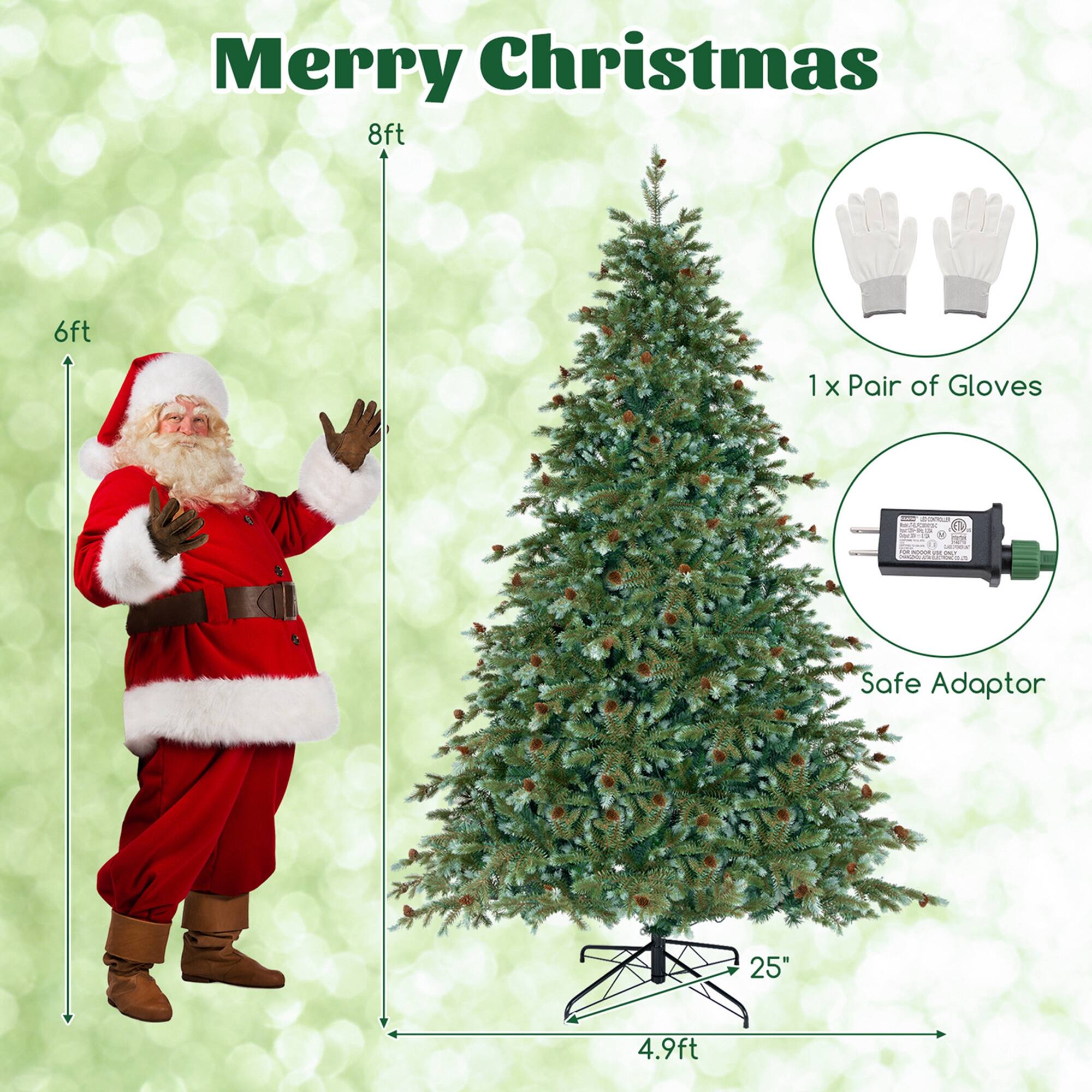 Merry Christmas

- 8ft
- 6ft
- 1 x Pair of Gloves
- Safe Adaptor
- 25"
- 4.9ft