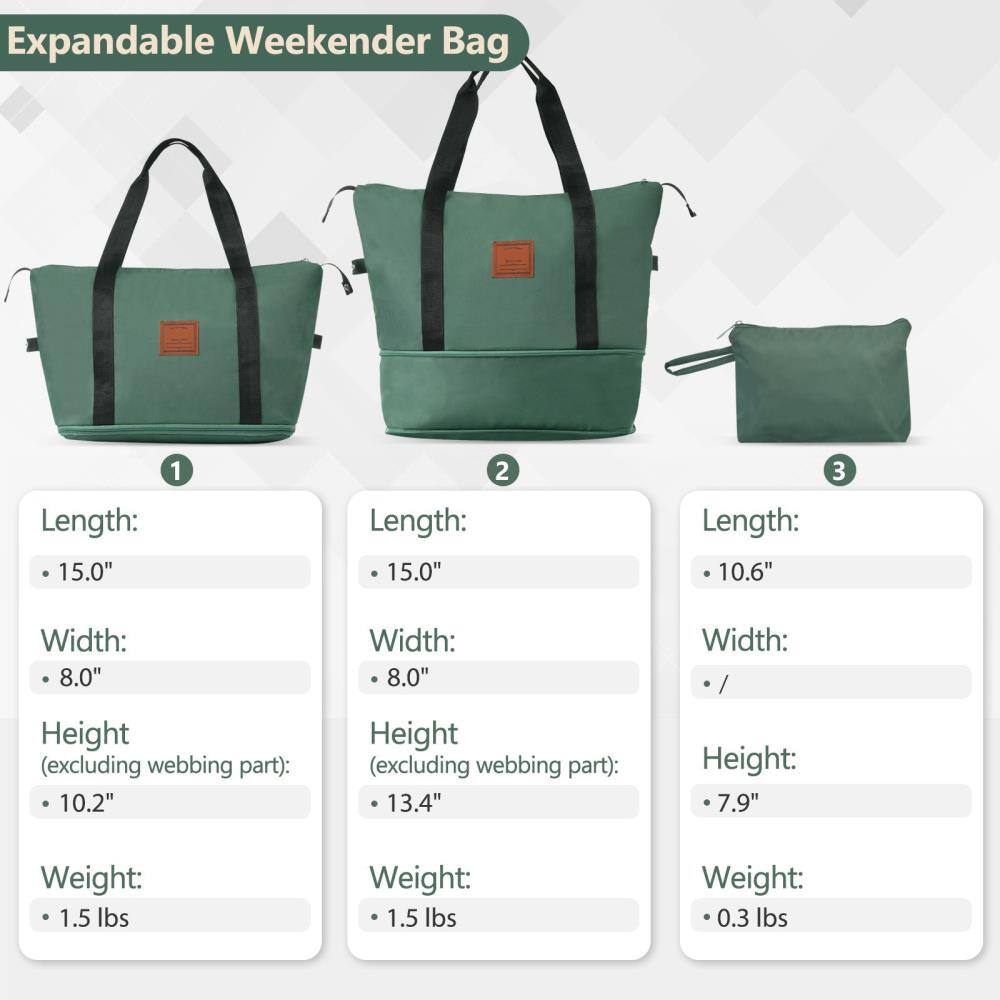 Expandable Weekender Bag

1. Length: 15.0"
   Width: 8.0"
   Height (excluding webbing part): 10.2"
   Weight: 1.5 lbs

2. Length: 15.0"
   Width: 8.0"
   Height (excluding webbing part): 13.4"
   Weight: 1.5 lbs

3. Length: 10.6"
   Width: /
   Height: 7.9"
   Weight: 0.3 lbs