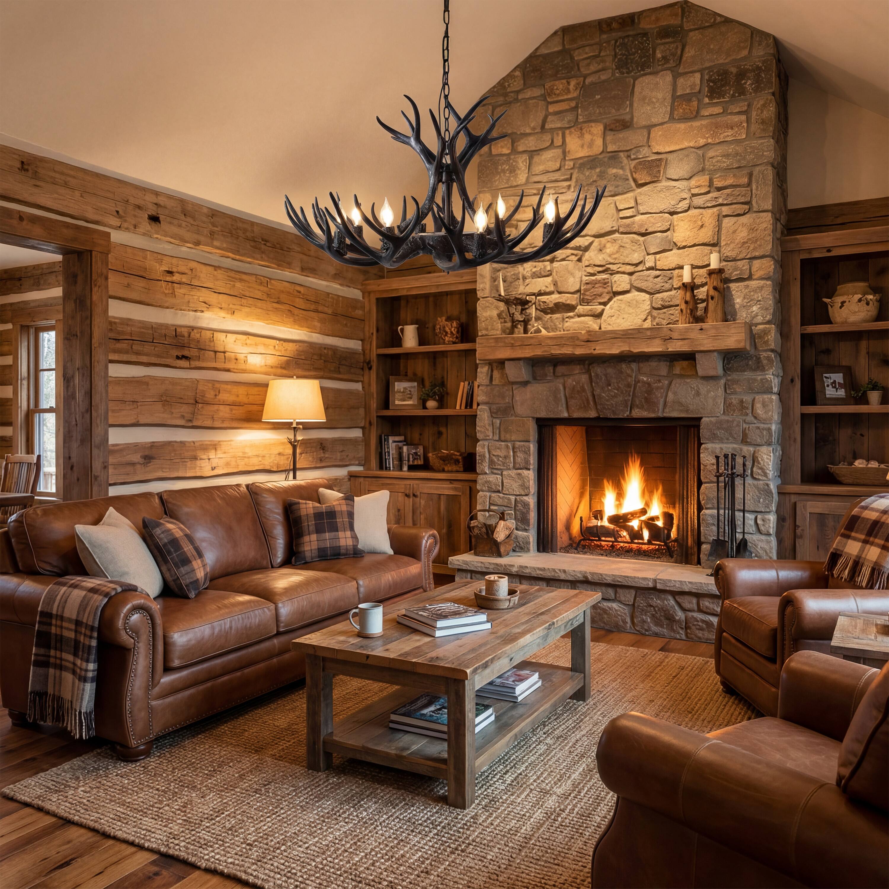 Alt View 9. Jonathan Y - Eldora 36" 8-Light Rustic Farmhouse Adjustable Resin Antler LED Chandelier, Black - Black.