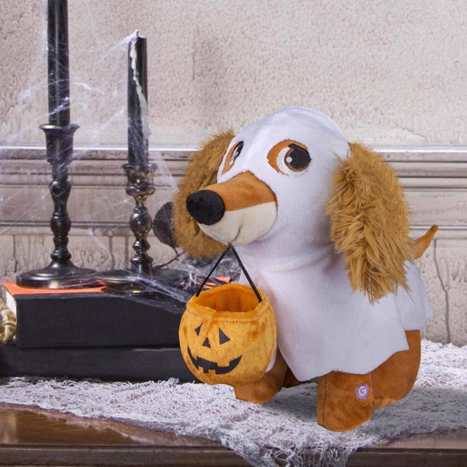 Angle. Gemmy - Gemmy Animated Musical Plush Ghost Dog Halloween Decor - Brown | White.