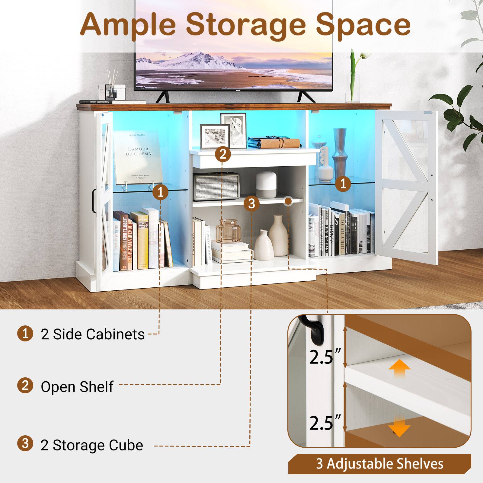 Ample Storage Space | | I LAMOLA DE CINEMA 2  CUE 1 R GIN of ee 1 | 3 AMHU 1 1 2 Side Cabinets 2.5" 2 Open Shelf 3 2 Storage Cube 2.5" 3 Adjustable Shelves