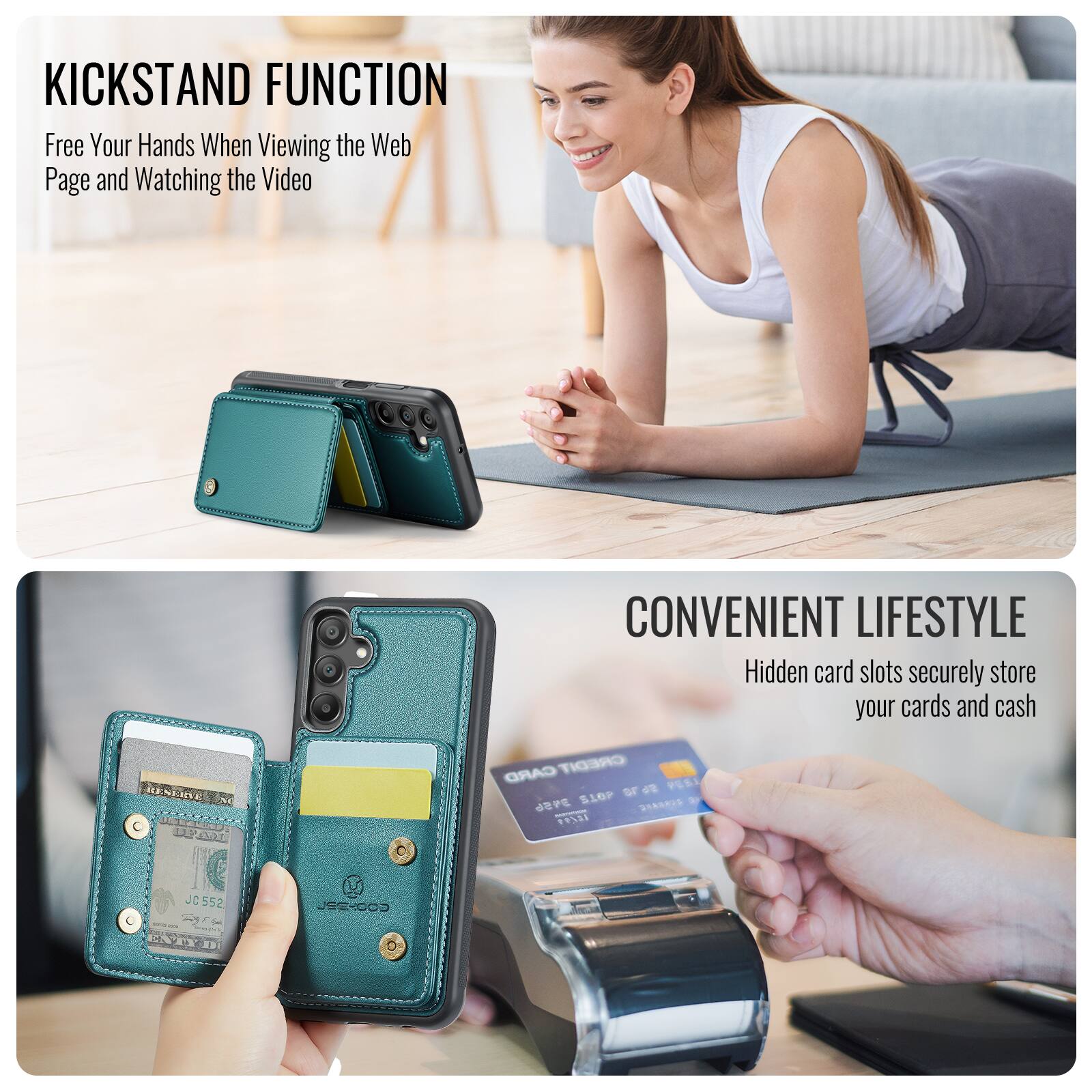 KICKSTAND FUNCTION  
Free Your Hands When Viewing the Web Page and Watching the Video  

CONVENIENT LIFESTYLE  
Hidden card slots securely store your cards and cash  

CARD CREDIT  
PESI SIOP or dE 2S FSI JC JC552 2 - COOHENIL