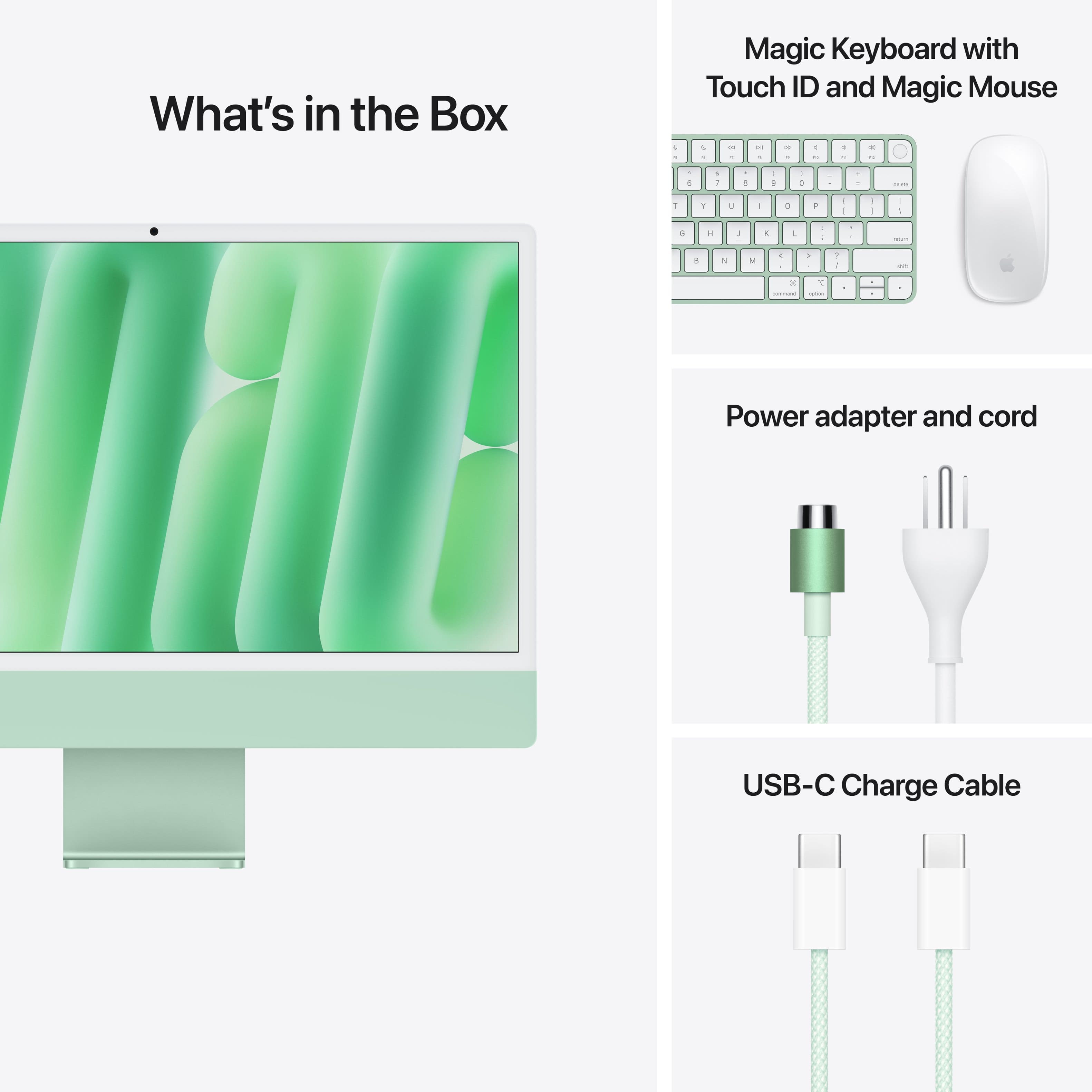 What's in the Box - Magic Keyboard with Touch ID and Magic Mouse & Power adapter and cord & USB-C Charge Cable.