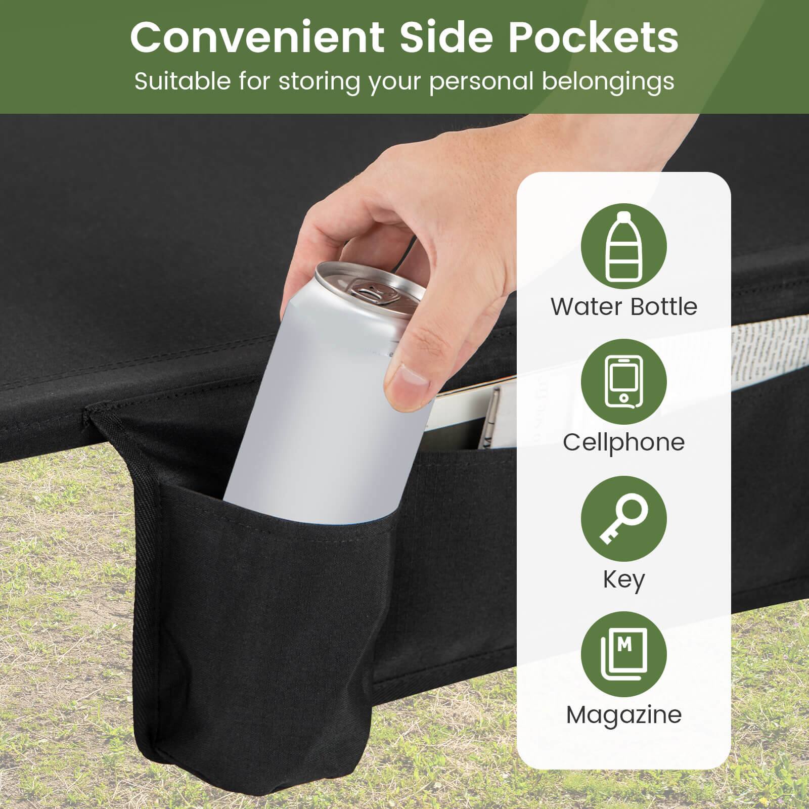 Convenient Side Pockets  
Suitable for storing your personal belongings  
- Water Bottle  
- Cellphone  
- Key  
- Magazine