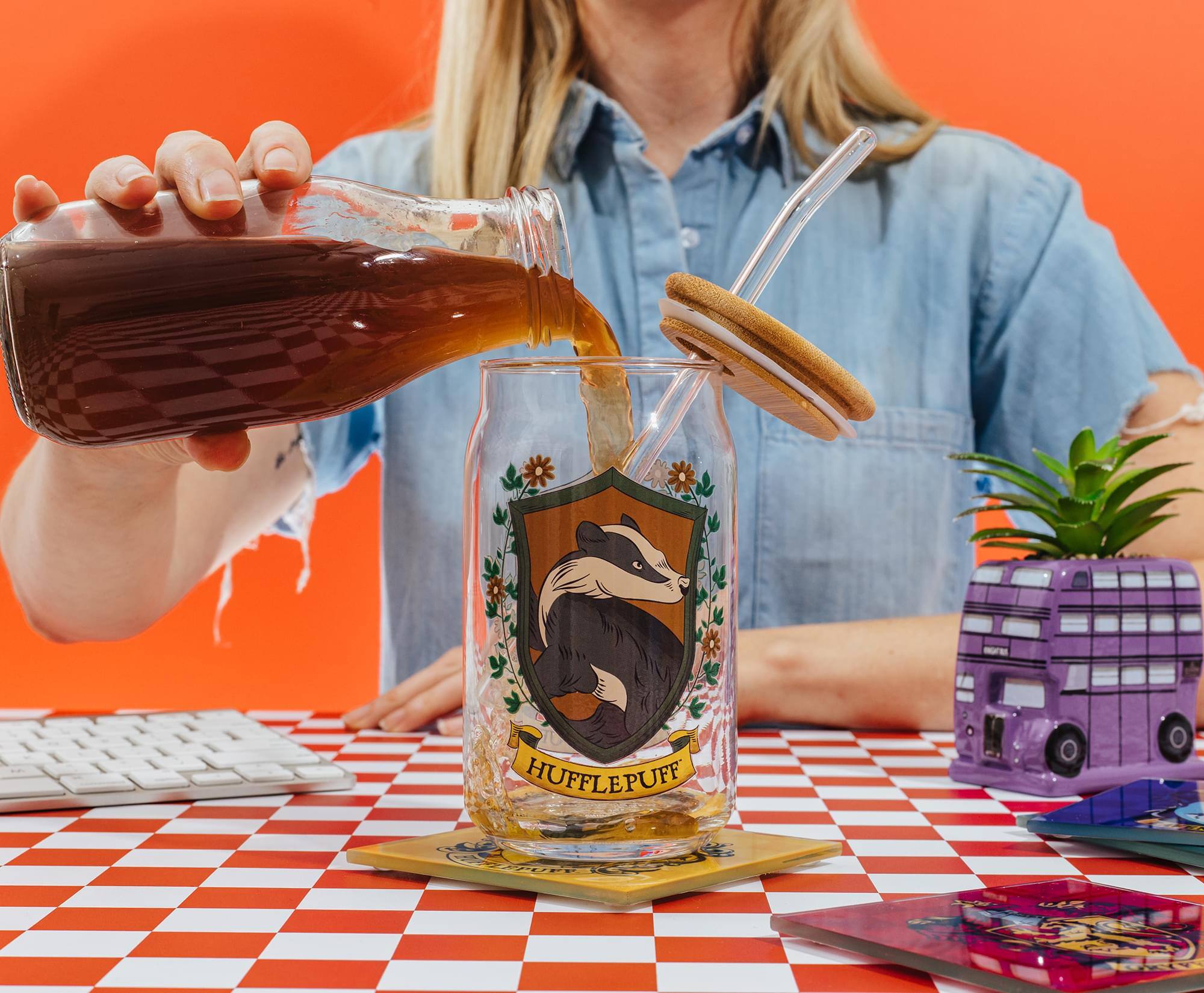 Alt View 5. Silver Buffalo - Harry Potter Hufflepuff House Mascot Glass Tumbler With Bamboo Lid and Straw - Multi-Colored.