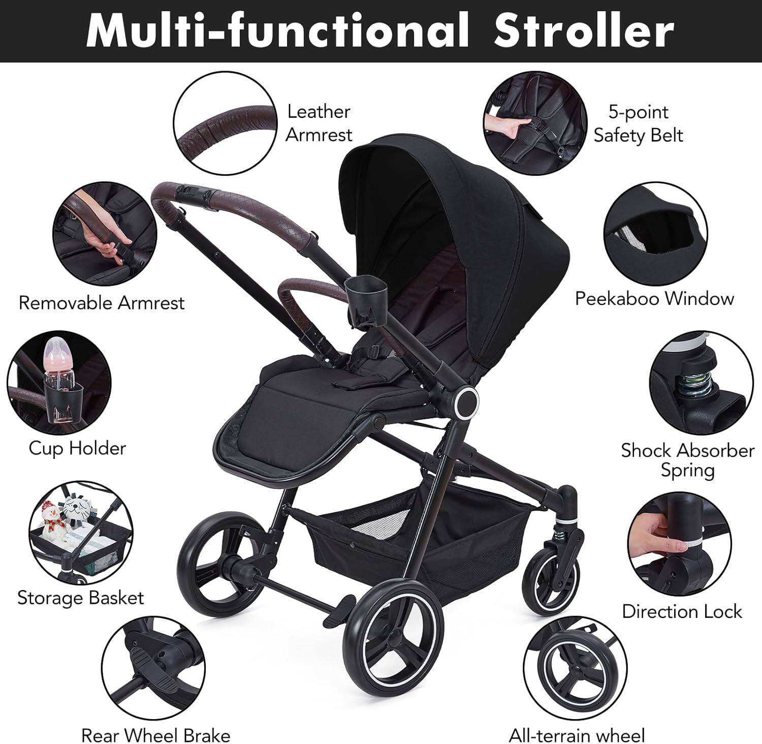 Multi-functional Stroller

- Leather Armrest
- 5-point Safety Belt
- Removable Armrest
- Peekaboo Window
- Cup Holder
- Shock Absorber Spring
- Storage Basket
- Rear Wheel Brake
- Direction Lock
- All-terrain wheel