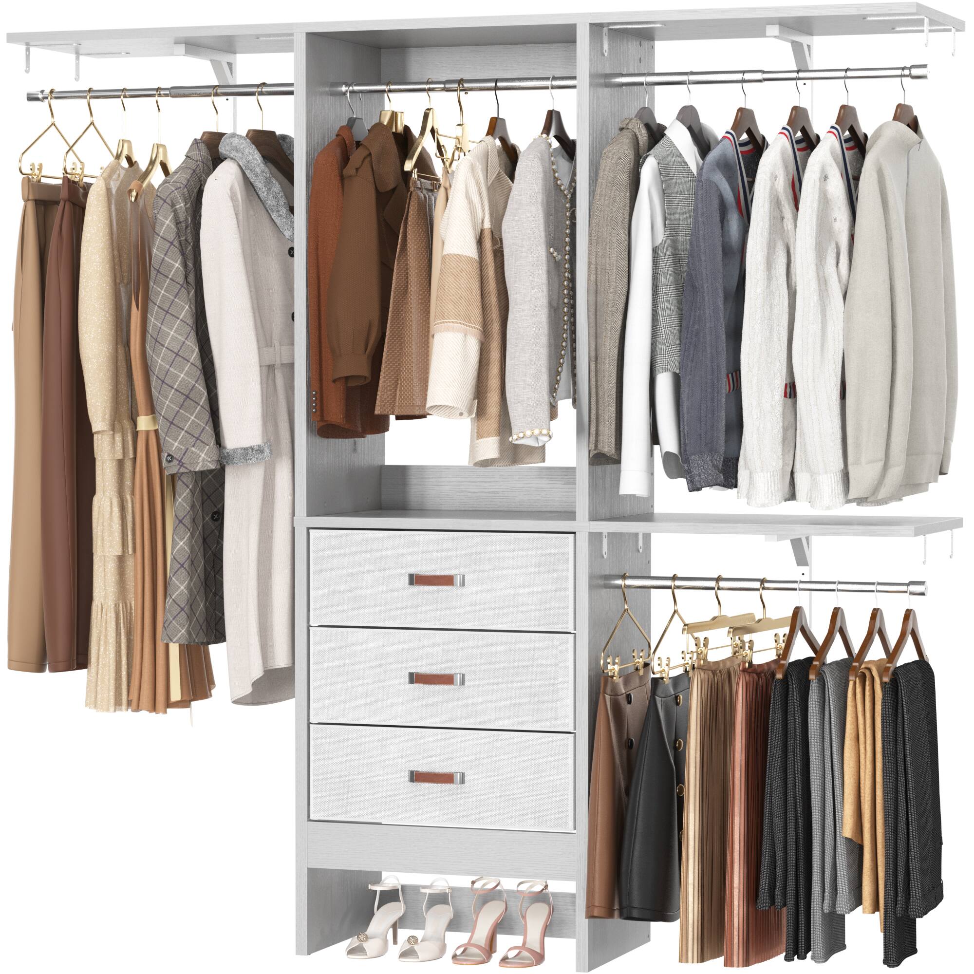 Left. Aheaplus - 60" Walk-in Closet Organizer: 3 Fabric Drawers, 3 Adjustable Shelves, Heavy Duty Garment Rack - 59"L x 16"W x 71"H - Gray.